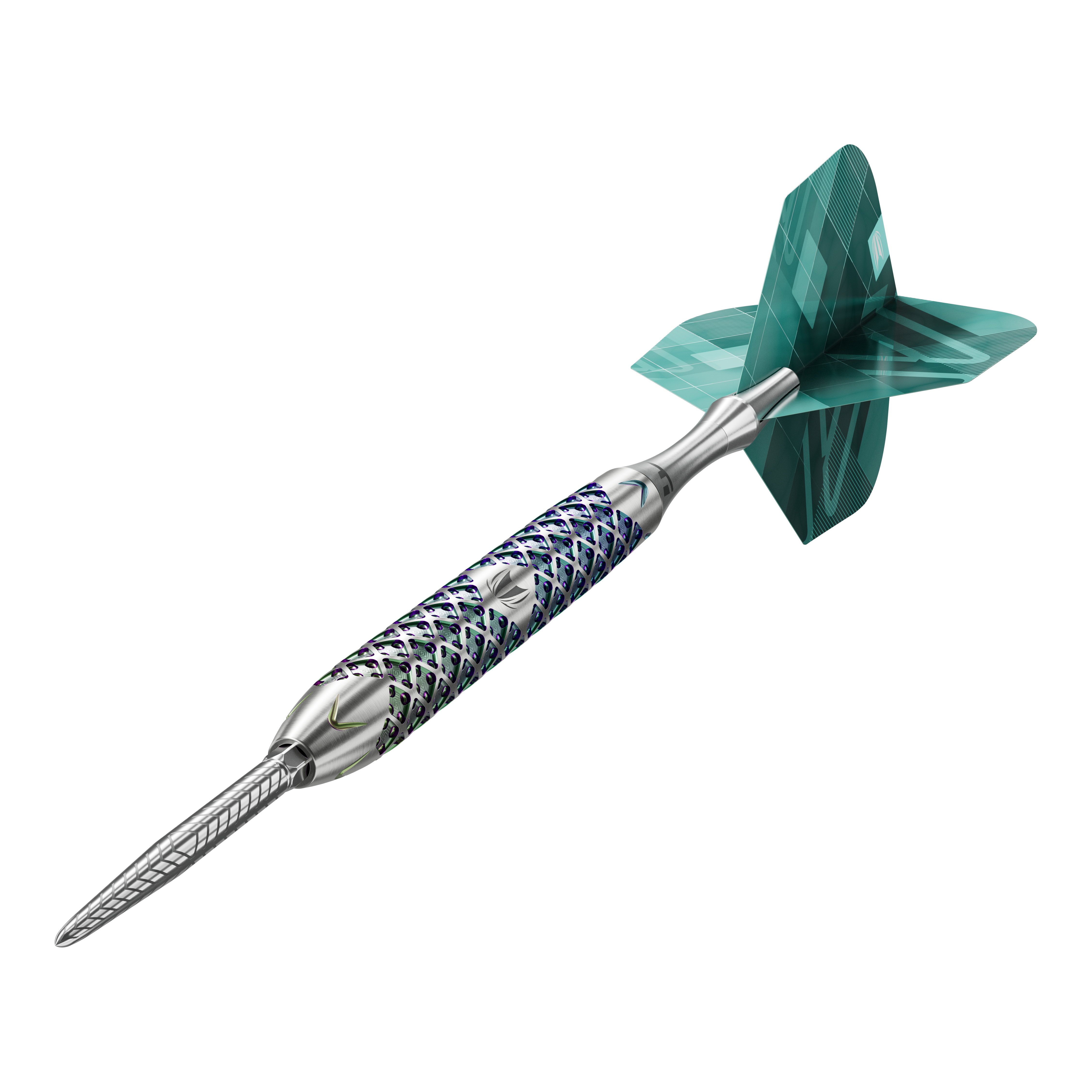 Fléchettes en acier Target Rove 01 Swiss Point Das Bild zeigt einen Target Rove 01 Swiss Point Steeldart mit silbernem Schaft und blau-grünen Akzenten. Am hinteren Ende befindet sich eine grün gemusterte Dartflügel.