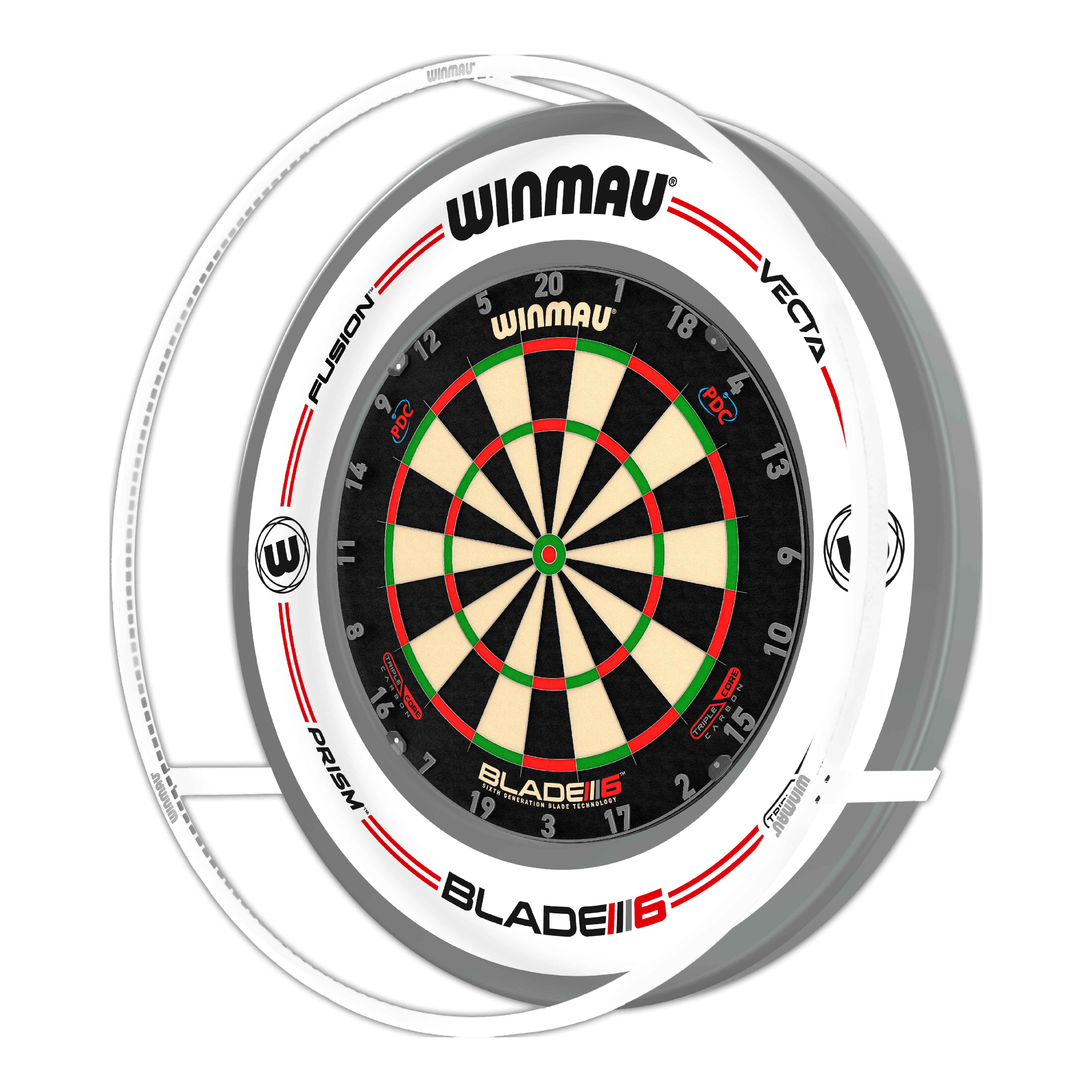Ensemble d'éclairage et d'ambiance LED Winmau Plasma Ice Das Bild zeigt ein Winmau Plasma Ice LED Beleuchtung und Surround Bundle mit einer Dartscheibe. Die Scheibe ist von einem beleuchteten Ring und einem weißen Surround umgeben.