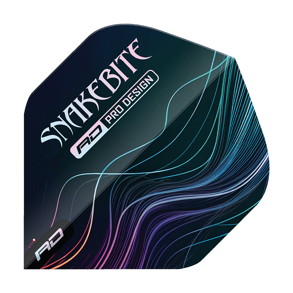 Das Bild zeigt ein Dart-Flight mit dem Aufdruck "SNAKEBITE" und "RD PRO DESIGN". Auf dem Flight sind bunte Linien auf dunklem Hintergrund zu sehen.