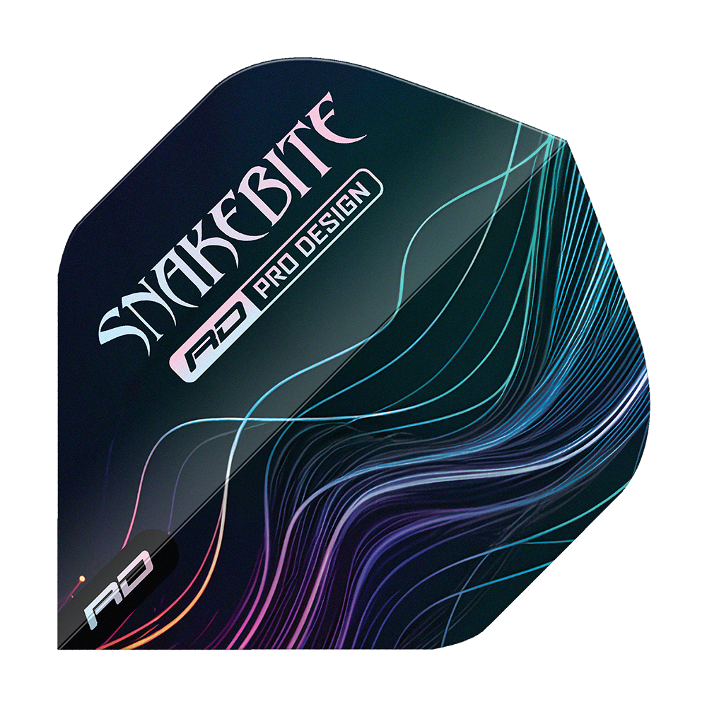 Vols standard Red Dragon Hardcore Peter Wright Multi No2 Das Bild zeigt ein Dart-Flight mit dem Aufdruck "SNAKEBITE" und "RD PRO DESIGN". Auf dem Flight sind bunte Linien auf dunklem Hintergrund zu sehen.