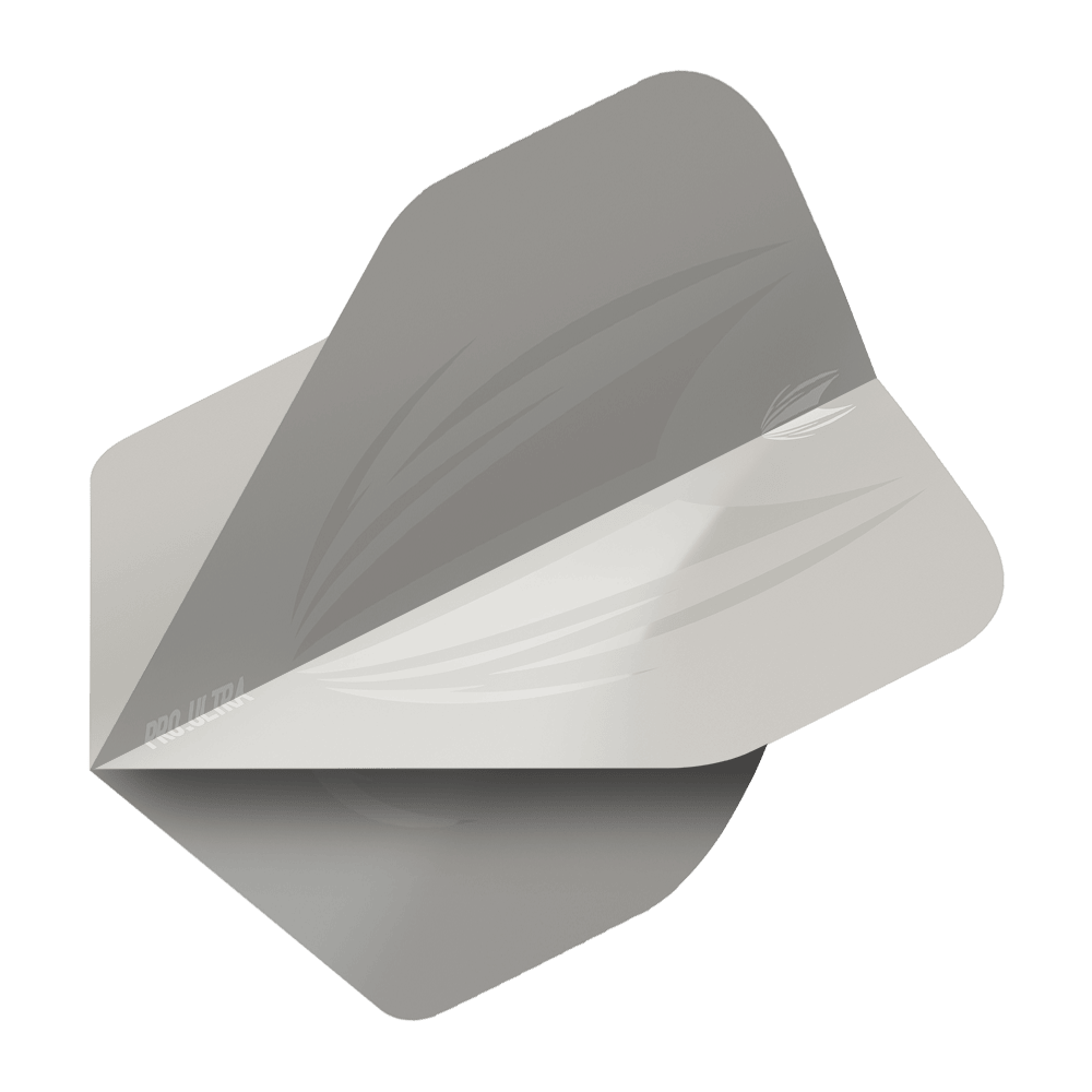 TG416_Target_ProUltra_ID_Grey_No2_Standard_Flights_2 Das Bild zeigt ein graues Dartflight mit abgerundeten Ecken und einem schlichten Design. Auf dem Produkt steht "Pro Ultra" in kleiner Schrift.