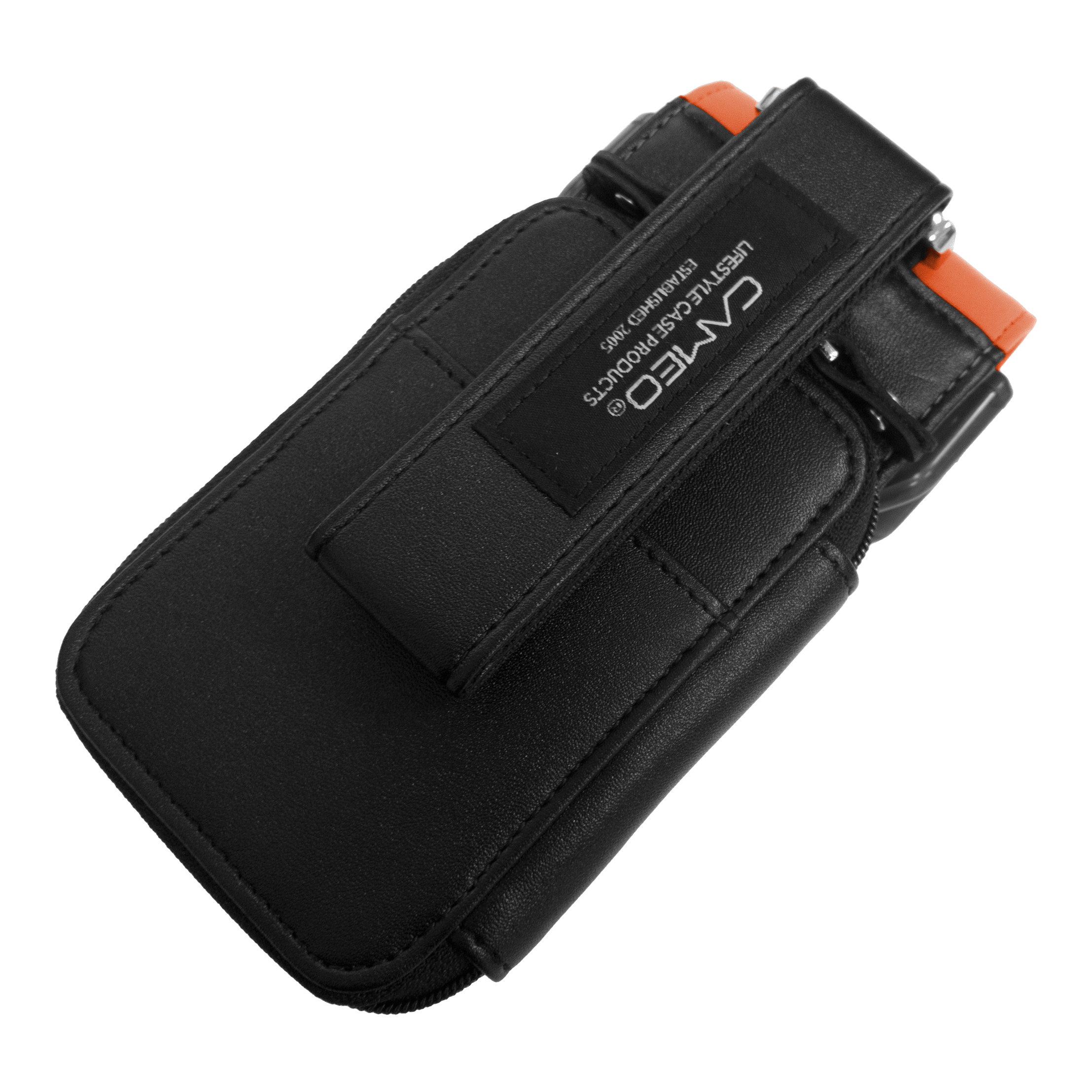Dies ist ein schwarzes Dart-Etui mit orangefarbenen Akzenten. Auf der Vorderseite befindet sich ein Aufnäher mit dem Markennamen "CAMEO".