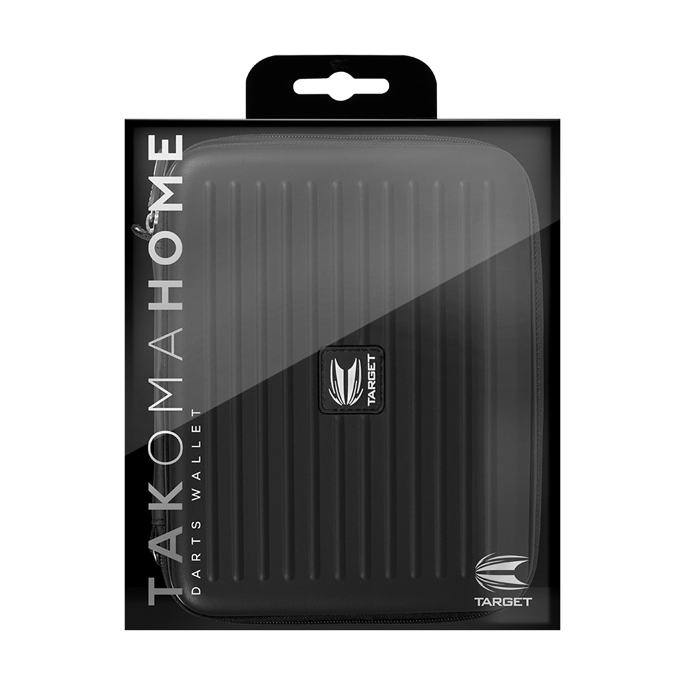 125860_Target_Takoma_Home_Dartwallet_Schwarz_3 Das Bild zeigt das Produkt "Target Takoma Home Dartwallet" in seiner Verpackung. Das Dartwallet ist schwarz und hat ein geriffeltes Design mit dem Target-Logo auf der Vorderseite.