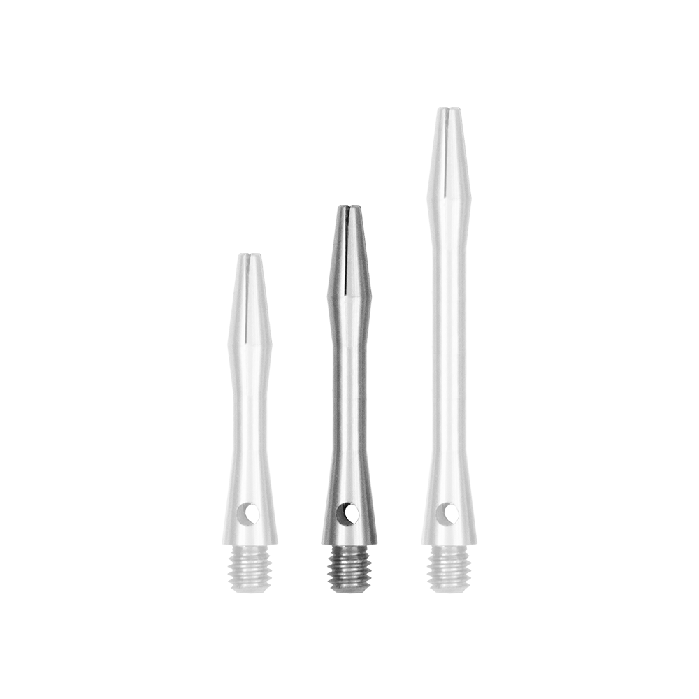 517_Aluminium_Shafts_Silber_35mm_131026s0NCubzI Auf dem Bild sind drei Aluminium Shafts in Silber zu sehen, die unterschiedlich lang sind. Sie haben ein glattes, glänzendes Finish und sind unten mit einem Gewinde versehen.