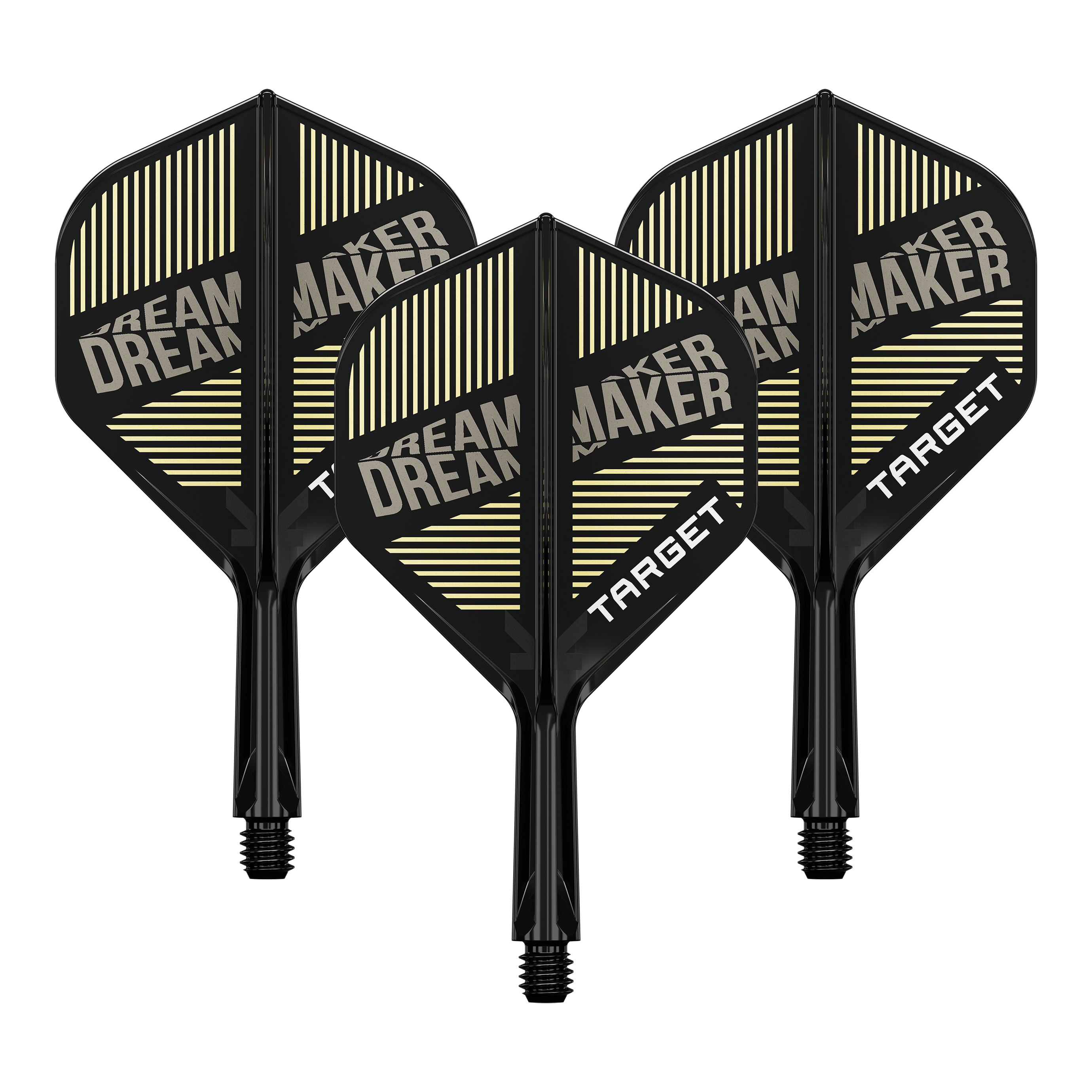 Système d'arbre de vol standard Target K-Flex Dimitri Van Den Bergh No2 Auf dem Bild sind drei schwarze Dartflights mit integriertem Schaft zu sehen. Auf den Flights steht „DREAM MAKER“ und „TARGET“ in weißen Buchstaben.
