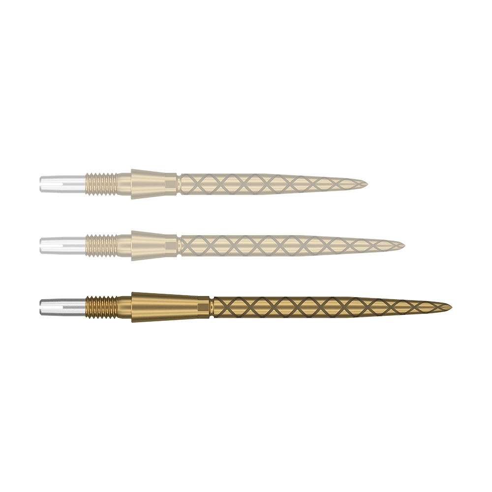 Pointes de fléchettes Target Swiss Storm Diamond Point - Or Das Bild zeigt drei goldfarbene Dartspitzen mit einem rautenförmigen Muster. Die Enden der Spitzen sind silbern und haben ein Gewinde zum Befestigen.