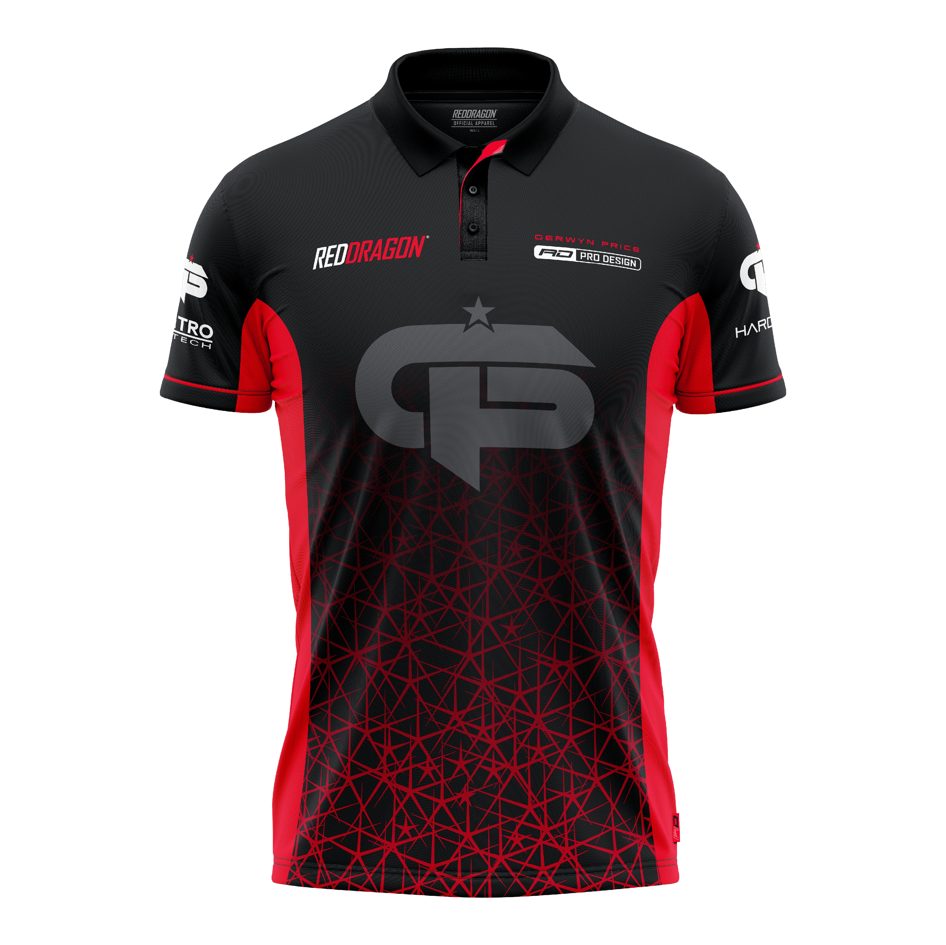 Red Dragon Gerwyn Price Polo rouge Tour Dart Das Bild zeigt ein schwarzes und rotes Dartshirt mit dem Namen "Red Dragon Gerwyn Price Red Tour Polo Dartshirt". Auf der Vorderseite sind Logos und ein großes GP-Emblem zu sehen.