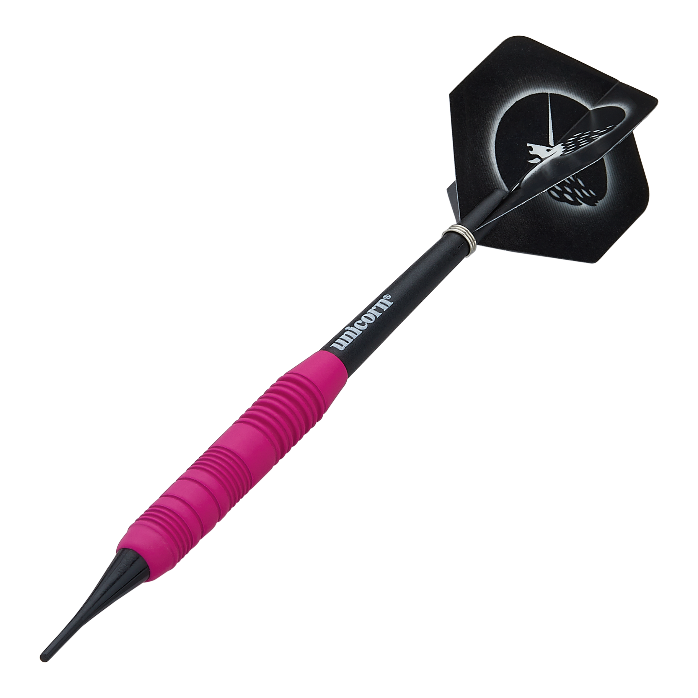 Fléchettes souples Unicorn Core Plus en caoutchouc rose - 19 g Das Bild zeigt einen pinken, gummierten Softdart namens "Unicorn Core Plus" mit einem Gewicht von 19g. Der Dartpfeil hat einen schwarzen Schaft und Flights mit einem Einhorn-Design.