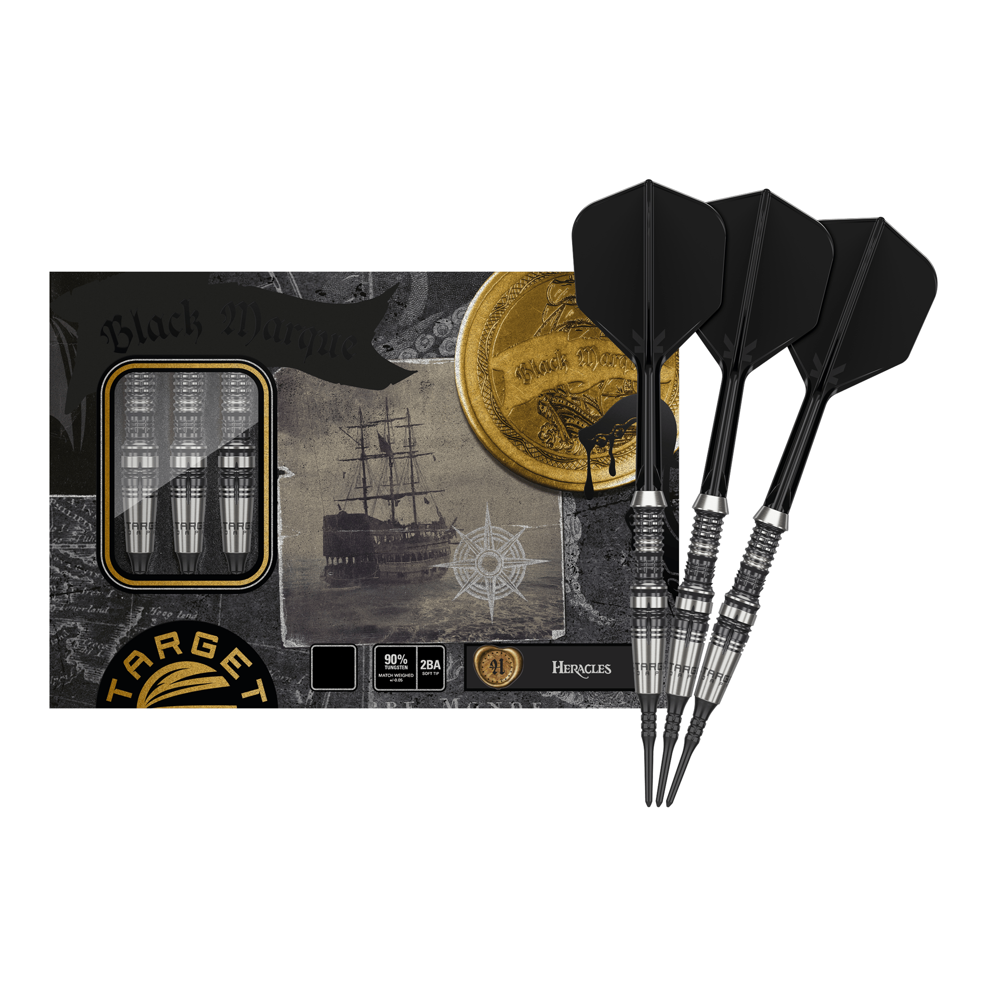 Fléchettes souples Target Japan Black Marque Heracles - 18 g Das Bild zeigt das Produkt "Target Japan Black Marque Heracles Softdarts - 18g" mit drei schwarzen Softdarts. Die Verpackung ist mit maritimen Motiven und goldenen Details gestaltet.