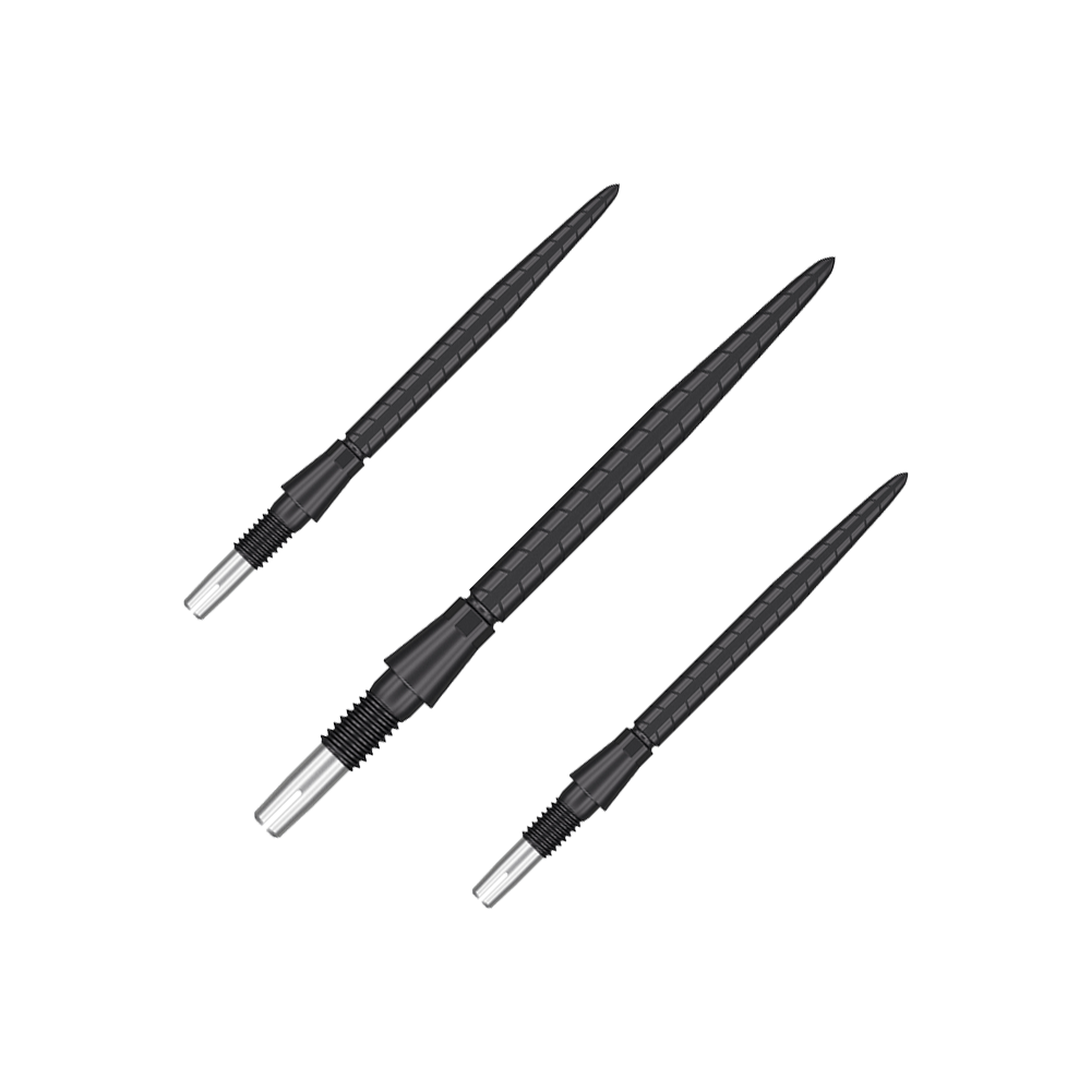 Pointes de fléchettes Target Swiss Storm Quartz - Noir Das Bild zeigt drei schwarze Dartspitzen mit silbernem Schraubgewinde. Sie sind nebeneinander auf einem transparenten Hintergrund angeordnet.