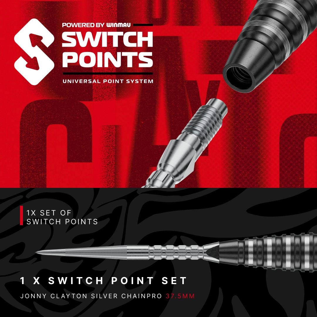 Fléchettes en acier Red Dragon Jonny Clayton RD-PRO Switch Point Das Bild präsentiert Red Dragon Jonny Clayton RD-PRO Switch Point Steeldarts. Die Dartpfeile sind geordnet auf einer hellen Fläche zu sehen.