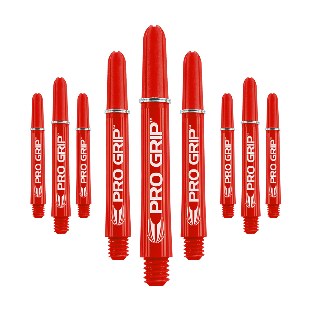 Tiges Target Pro Grip - 3 jeux - Rouge Das Bild zeigt mehrere rote Dartschäfte mit der Aufschrift "PRO GRIP". Die Schäfte sind in einer symmetrischen Anordnung dargestellt und heben sich deutlich vom Hintergrund ab.