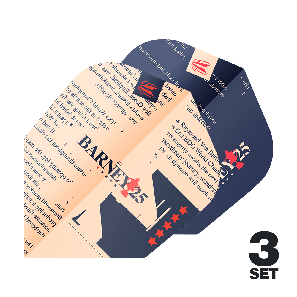 Target ProUltra Raymond Van Barneveld Barney25 No6 Vols Das Bild zeigt die "Target ProUltra Raymond Van Barneveld Barney25 No6 Flights" in einem auffälligen Design mit Text und Sternen. Rechts unten ist die Information "3 Set" zu sehen.