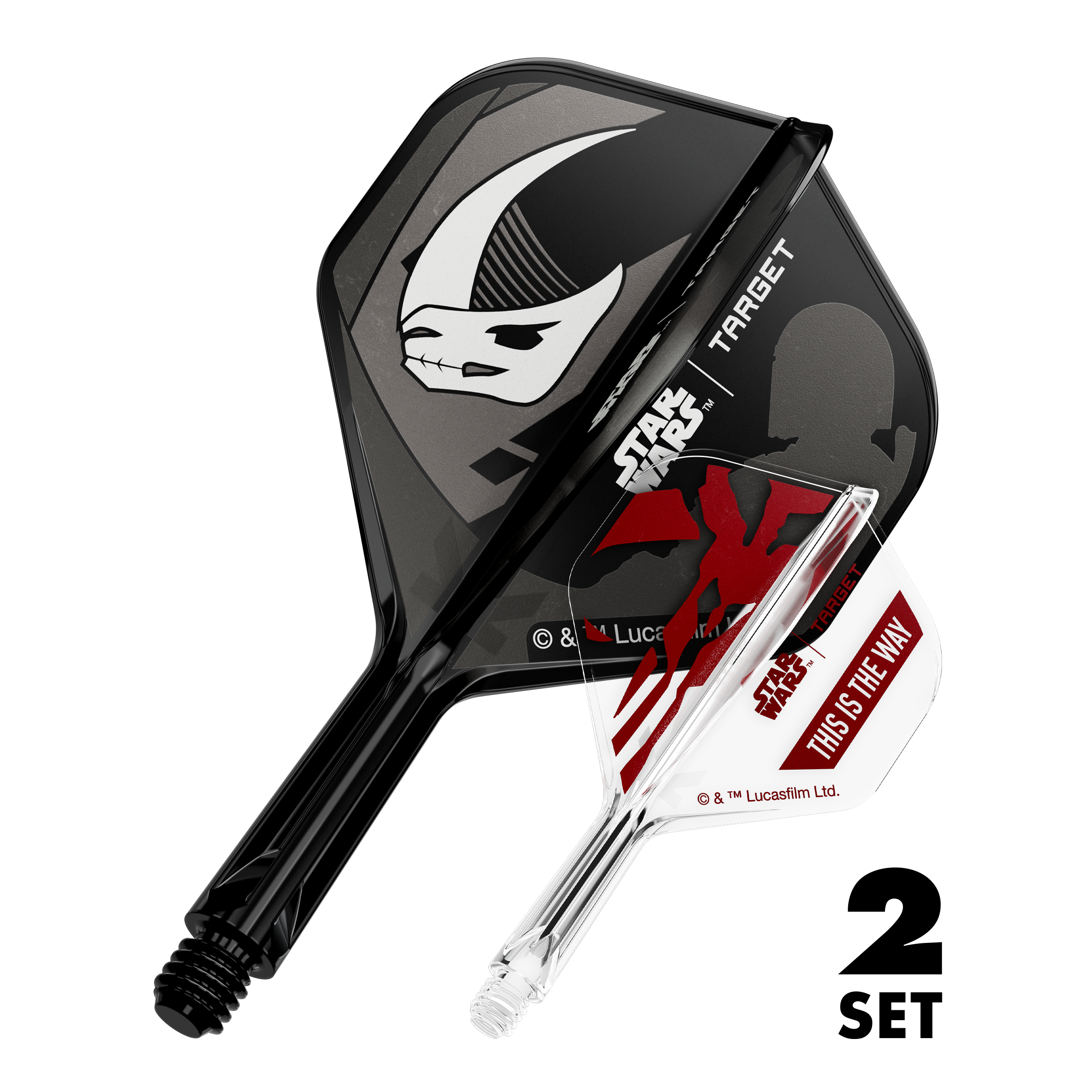 Coffret Target Star Wars K-Flex Mandalorian n°2 Vols standards Zu sehen sind zwei Dart-Flights im Mandalorianer-Design aus Star Wars. Dies ist das Set 'K-Flex Mandalorian 2PackSet No2 Standard Flights' mit 19mm.