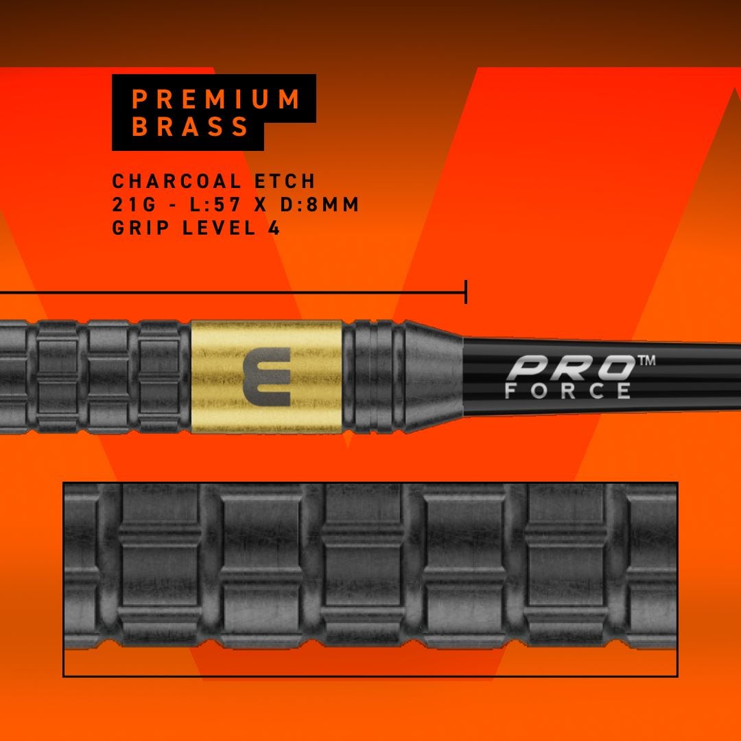Winmau Gian Van Veen Core Brass Steeldards - 21g Dieses Bild zeigt Winmau Gian Van Veen Core Brass Steeldarts mit einem Gewicht von 21 Gramm. Die Steeldarts werden aus einer nahen Perspektive fotografiert.