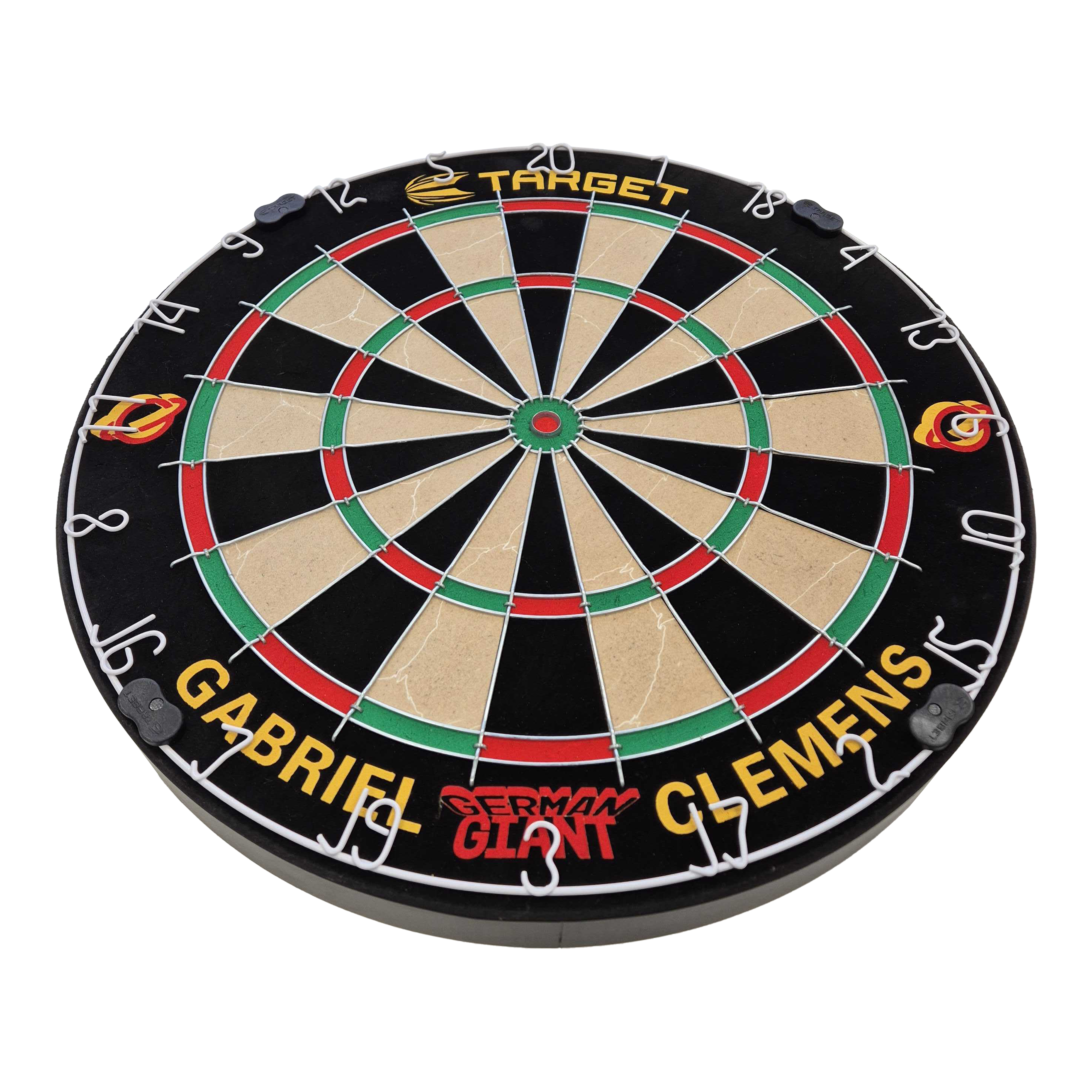 Jeu de fléchettes en acier Target Gabriel Clemens Dies ist eine Steeldartboard-Set mit der Aufschrift „Gabriel Clemens“ und „German Giant“. Das Board ist von der Marke Target und hat die klassischen Farben und Markierungen eines Dartboards.
