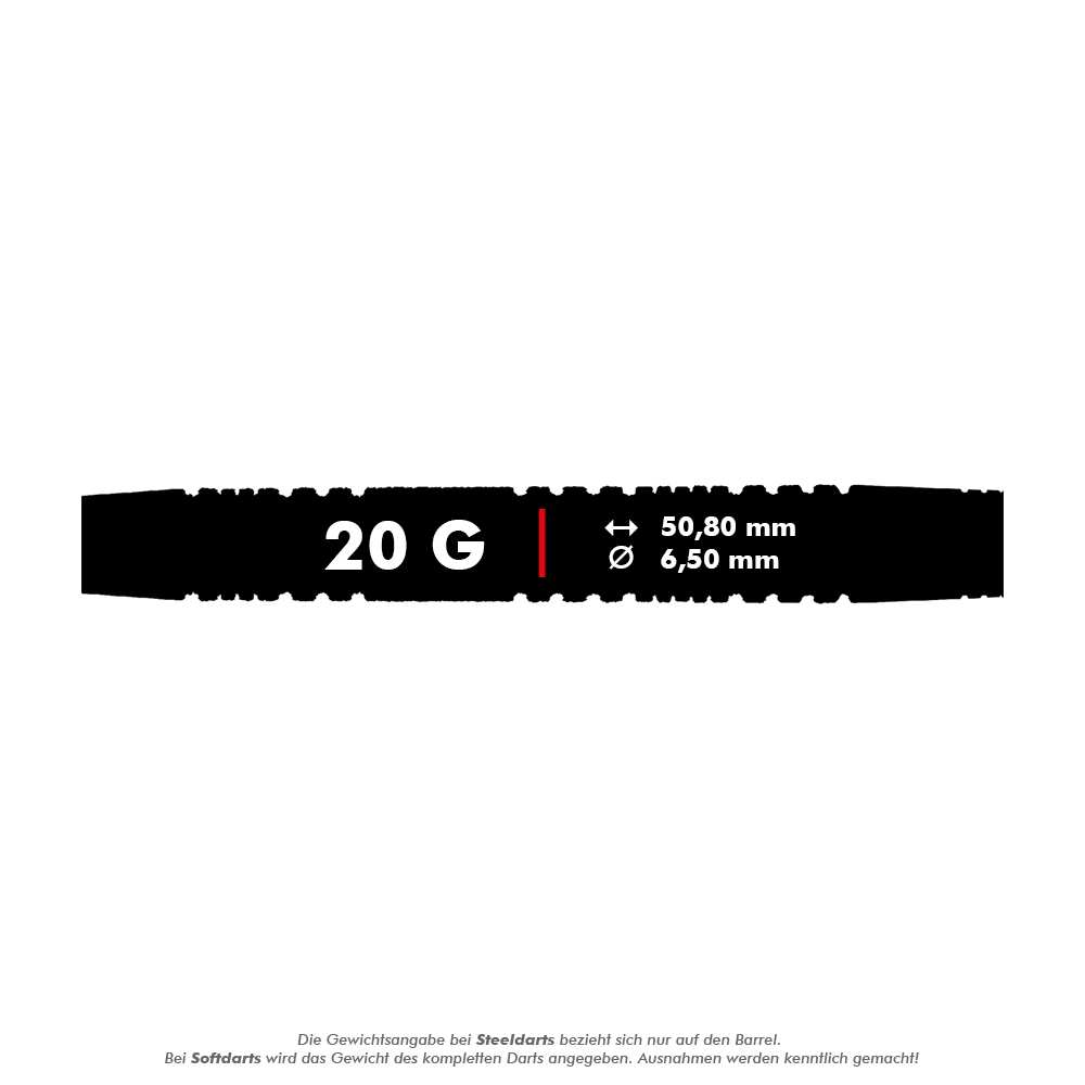Das Bild zeigt die Maße und das Gewicht des "Red Dragon Peter Wright Double World Champion SE Black Softdarts - 20g". Der Dart wiegt 20 Gramm, ist 50,80 mm lang und hat einen Durchmesser von 6,50 mm.