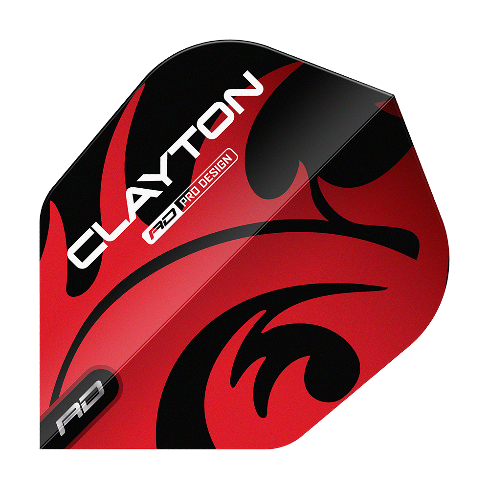 Dragon Rouge Jonny Clayton Rouge Noir N°6 Vols Das Bild zeigt ein Dartflight mit dem Namen "Red Dragon Jonny Clayton Red Black No6 Flights". Das Flight ist rot und schwarz gestaltet und trägt den Aufdruck "Clayton".