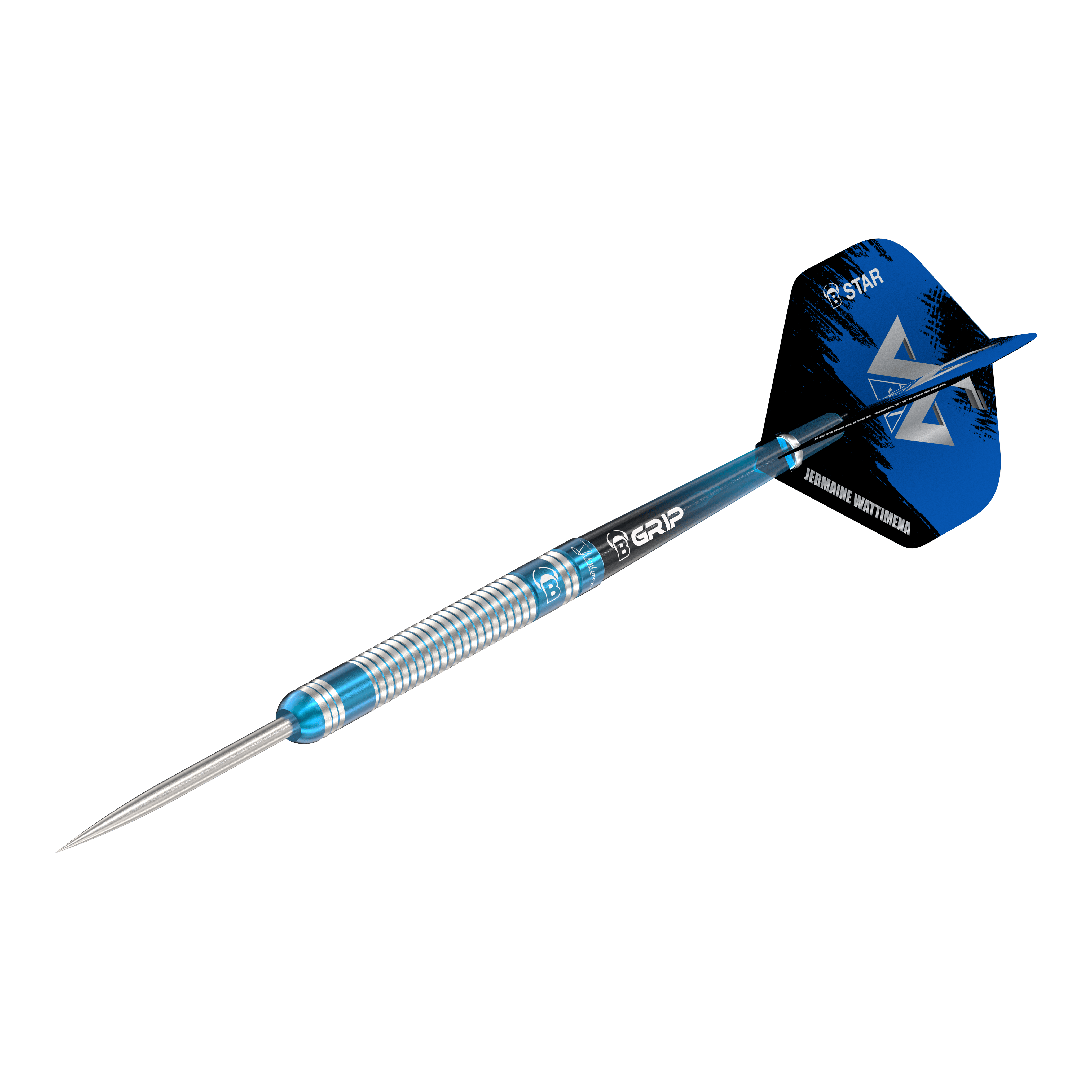 Fléchettes en acier Bulls Jermaine Wattimena Génération 3 Das Bild zeigt einen Steeldartpfeil mit silber-blauer Riffelung am Barrel. Auf dem Flight steht „Jermaine Wattimena“ und er ist mit dem Produktnamen „Bulls Jermaine Wattimena Generation 3 Steeldarts“ versehen.