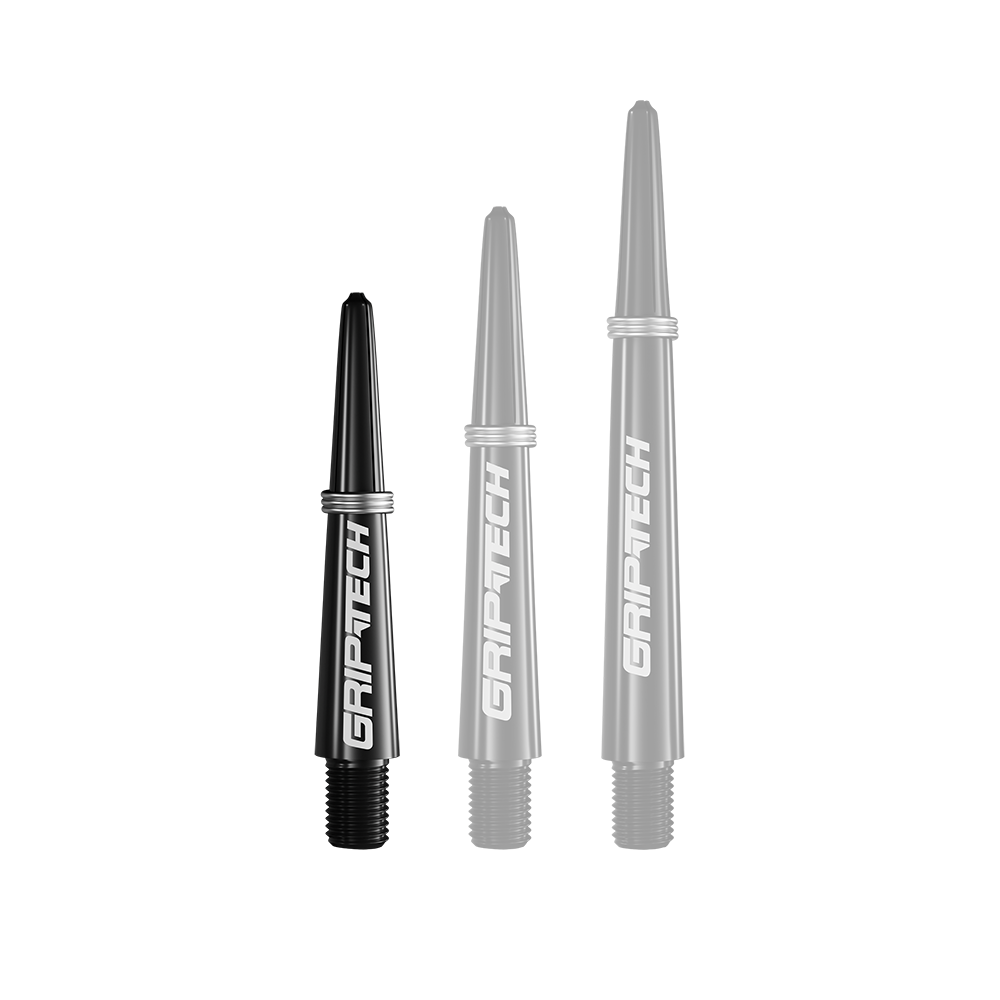 Tiges GOAT Griptech - Noires Das Bild zeigt drei schwarze Dartschäfte in unterschiedlichen Längen mit der Aufschrift "GRIPTECH". Sie sind senkrecht nebeneinander angeordnet und haben ein schlichtes, modernes Design.