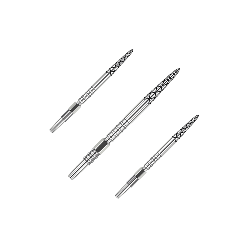 Target Swiss DS Surge Point Pointes de fléchettes - Argent Das Bild zeigt drei silberne Dartspitzen mit feinen Gravuren. Sie sind in einer diagonalen Linie angeordnet und haben ein modernes Design.