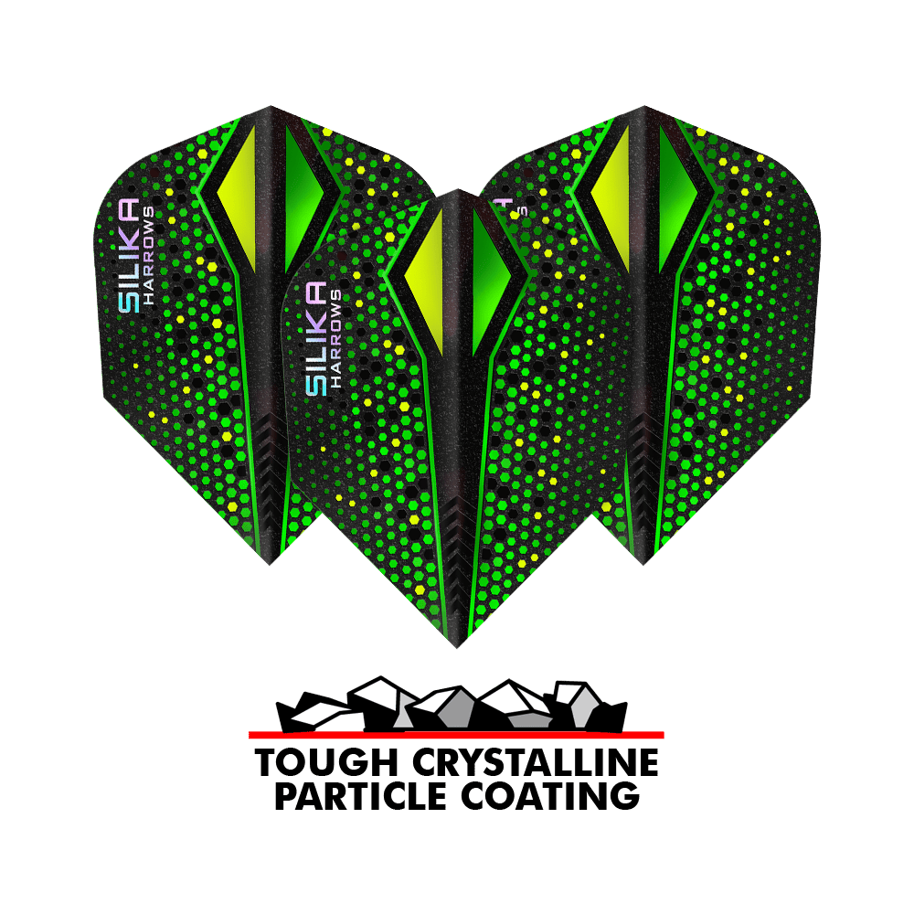 Harrows Silika Colorshift Revêtement cristallin résistant Green-X No6 Flights Das Bild zeigt drei grüne Harrows Silika Colourshift Tough Crystalline Coating No6 Flights für Darts. Unten befindet sich ein Logo mit der Aufschrift „Tough Crystalline Particle Coating“.