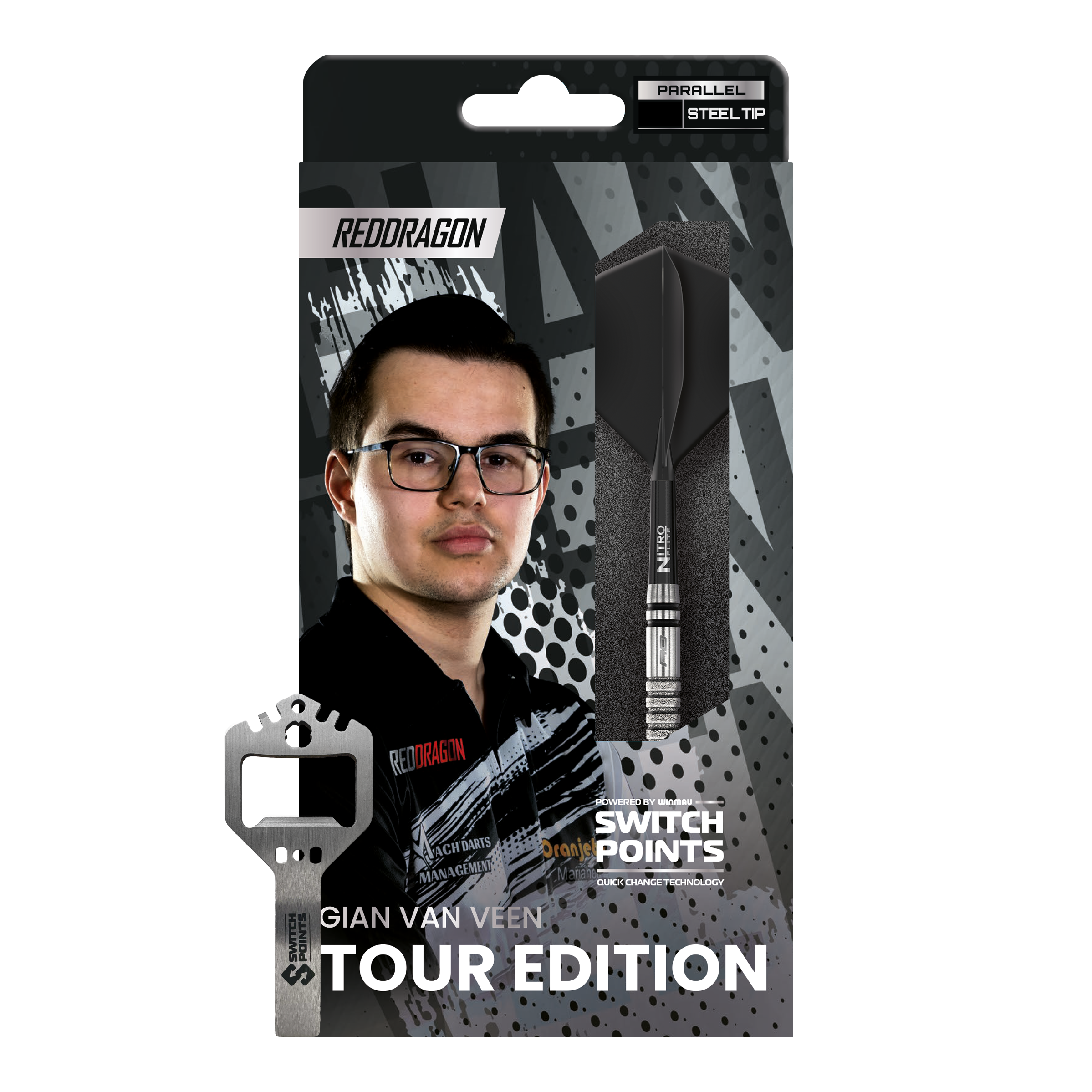 Fléchettes en acier Red Dragon Gian Van Veen Tour Edition Switch Point - 21 g Das Bild zeigt die Red Dragon Gian Van Veen Tour Edition Switch Point Steeldarts - 21g. Die Darts haben ein modernes und robustes Design.