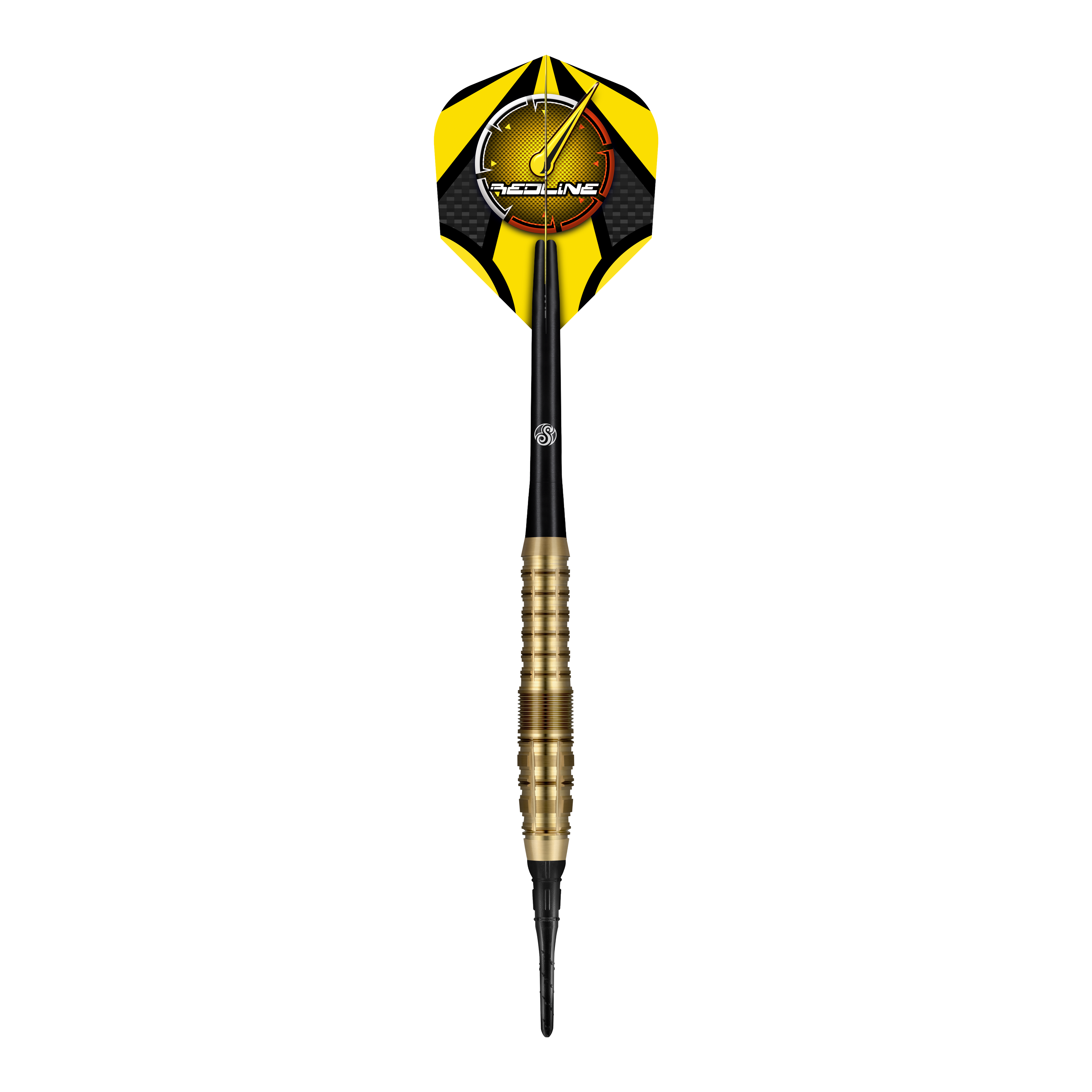 Fléchettes souples Shot Redline Gizmo - 20 g Der "Shot Redline Gizmo Softdart - 20g" ist ein Softdartpfeil mit gelben und schwarzen Flights. Der Dart hat einen goldfarbenen Griff und eine schwarze Spitze.