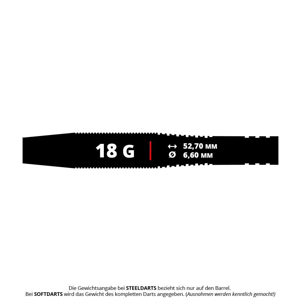 Fléchettes souples Bulls Martin Schindler TW80 - 18 g Das Bild zeigt die Produktdetails der Bulls Martin Schindler TW80 Softdarts mit einem Gewicht von 18 Gramm. Die Maße des Barrels sind 52,70 mm Länge und 6,60 mm Durchmesser.