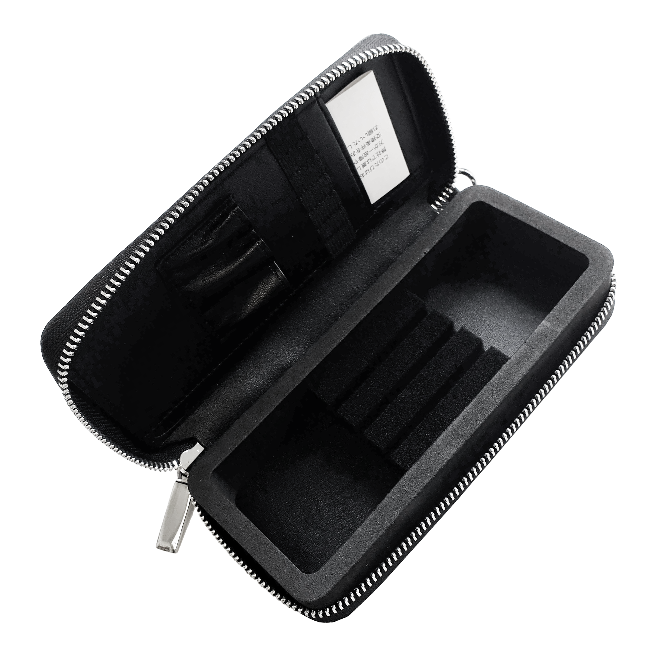 Mallette d'affaires Cameo Pro3 Das Bild zeigt ein schwarzes Etui mit Reißverschluss, das im Inneren Fächer für Karten und andere kleine Gegenstände hat. Der Innenraum ist mit Schaumstoff ausgekleidet und für eine geordnete Aufbewahrung unterteilt.