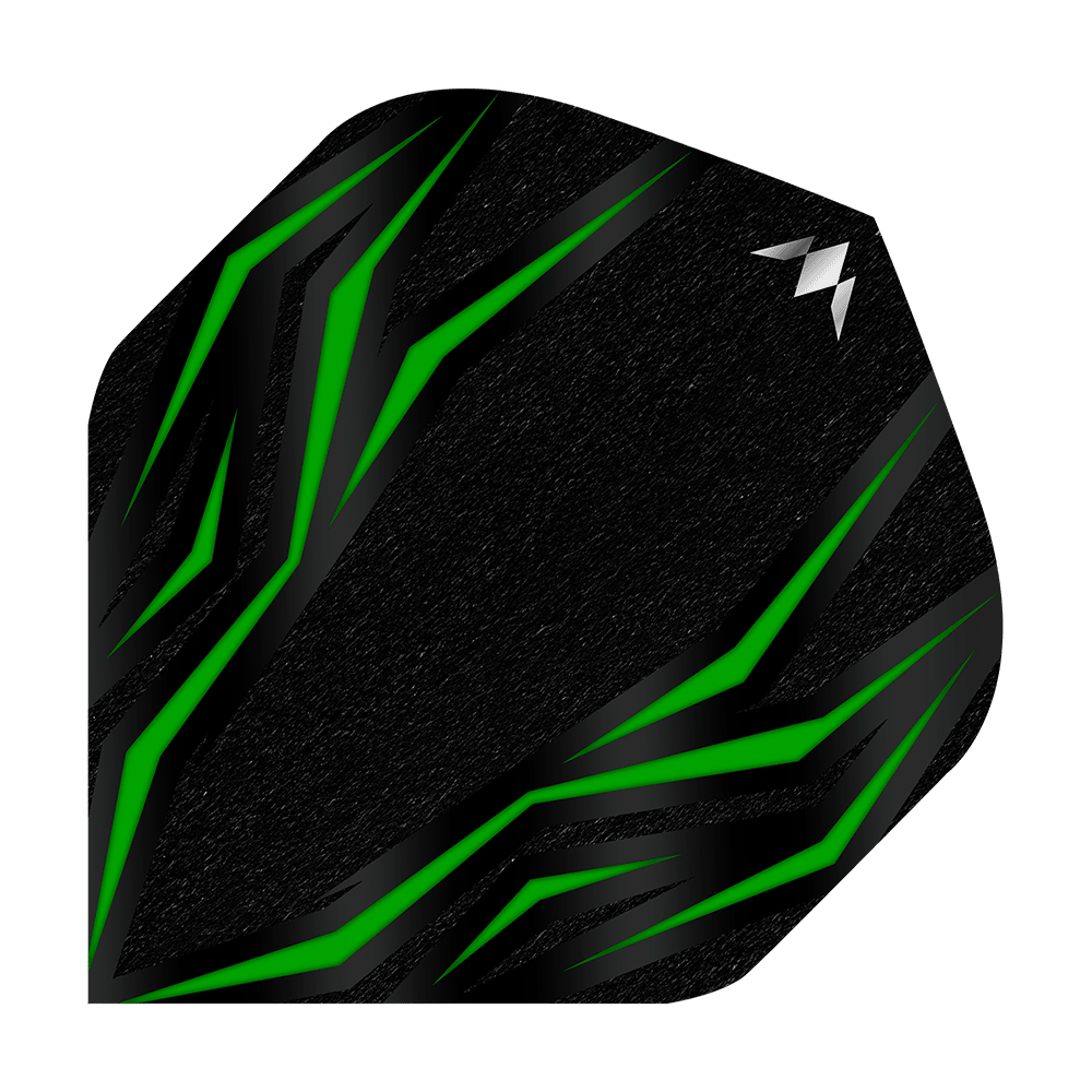 Vols standard Mission Lava Green n°2 Das Bild zeigt einen schwarzen Dartflight mit grünen, diagonalen Linien. In der oberen rechten Ecke befindet sich ein kleines, silbernes Logo.