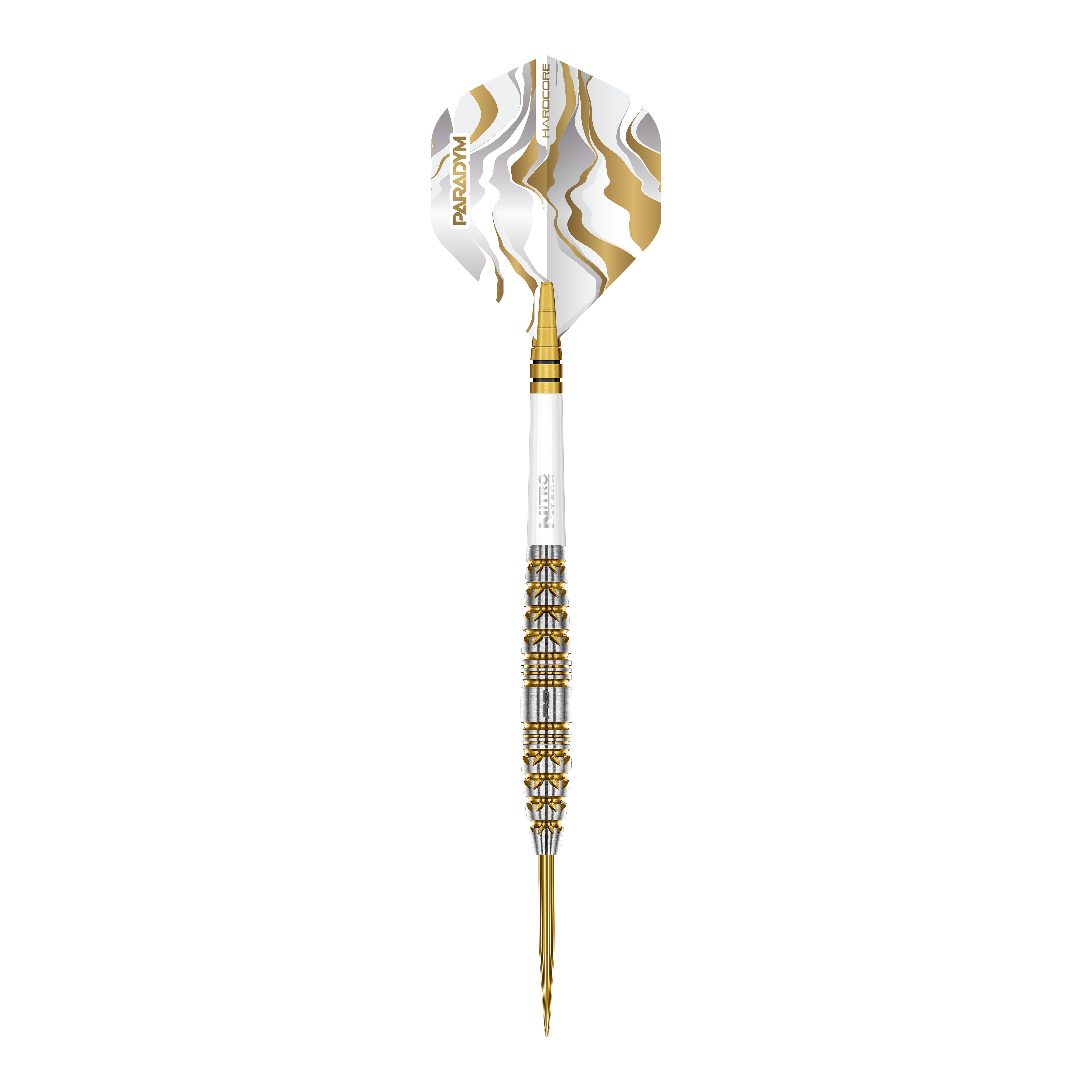 Das Bild zeigt die Red Dragon Paradym Gold Torpedo Steeldarts. Diese Steeldarts haben eine torpedoförmige Spitze und eine goldene Farbe.