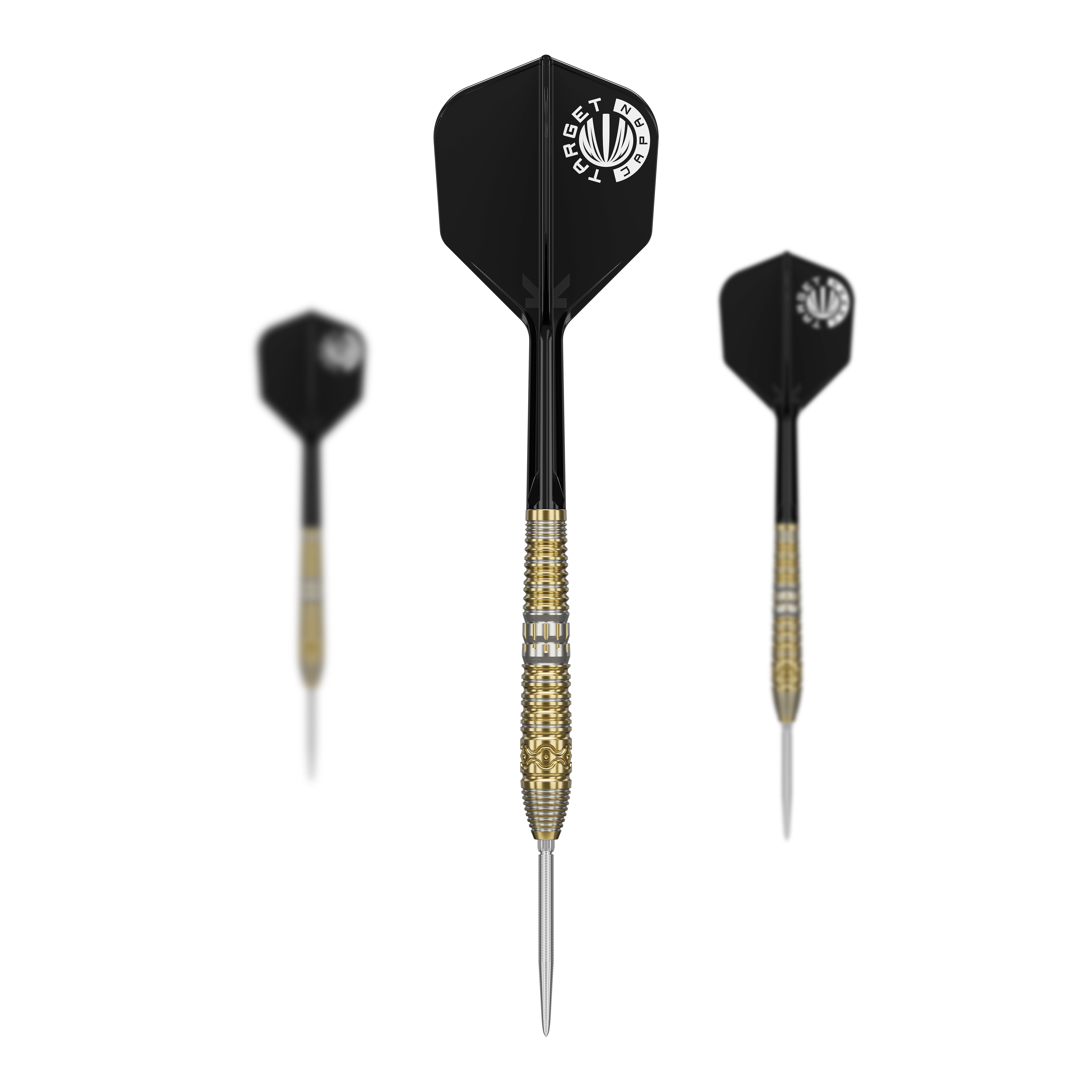 Fléchettes en acier Target Japan Hot Shot GEN2 - 23 g Das Bild zeigt drei Target Japan Hot Shot GEN2 Steeldarts mit einem Gewicht von 23g. Die Darts haben schwarze Flights und gold-silberne Griffbereiche.