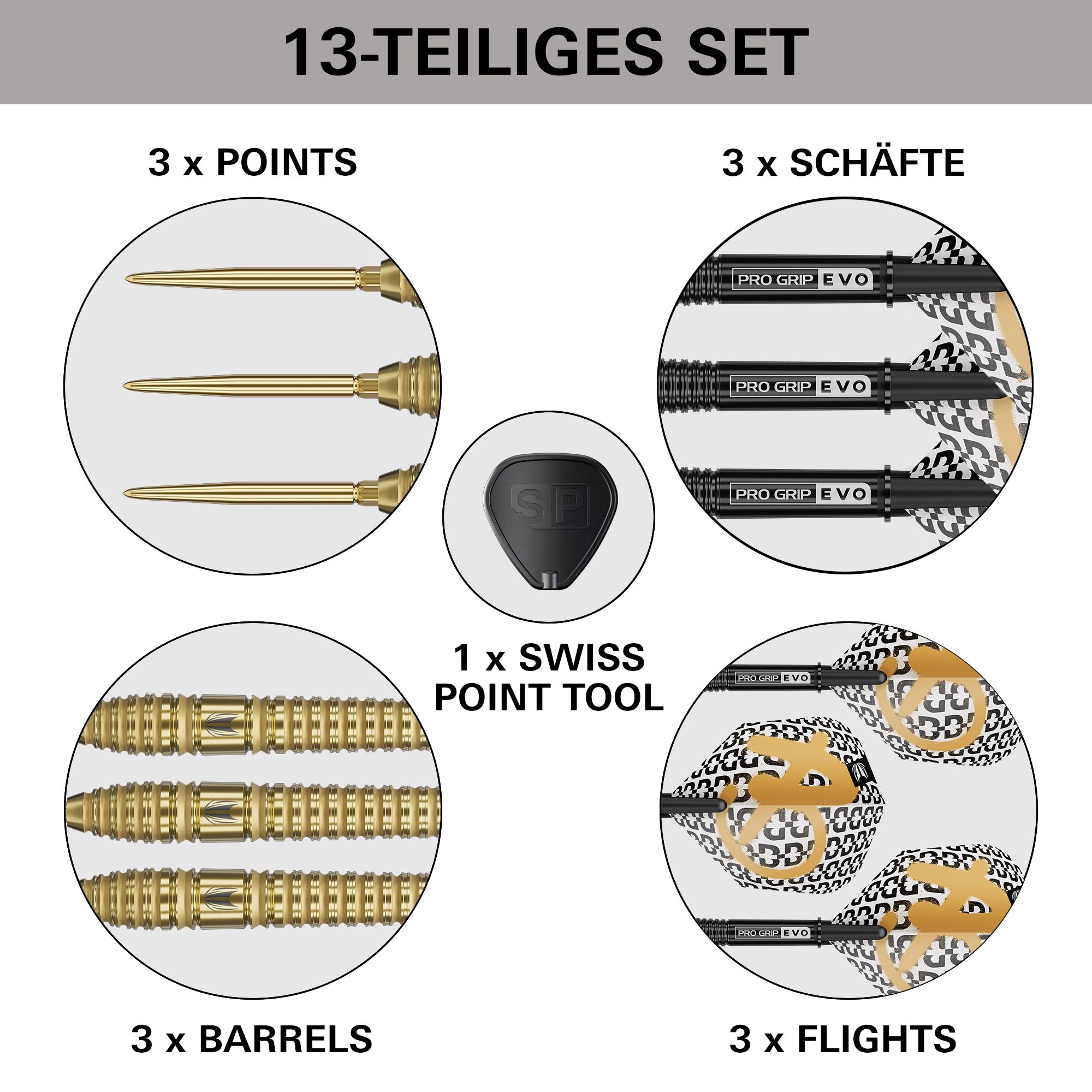 Fléchettes en acier Target Bolide Envy 03 Swiss Point Target Bolide Envy 03 Swiss Point Steeldarts, abgebildet auf dem Produktbild. Es handelt sich um Steeldarts mit Swiss Point System.