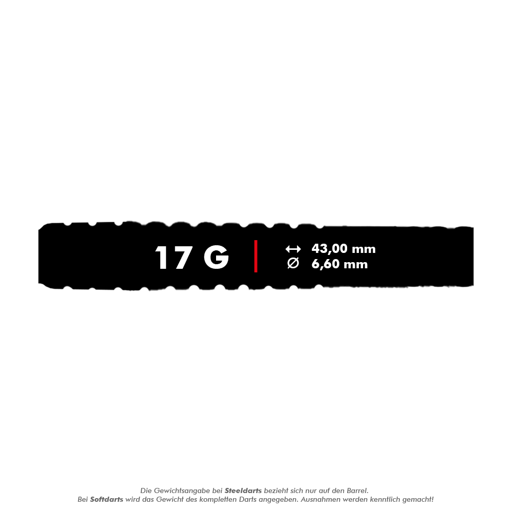 Fléchettes souples McDart 85 Tungstène V20 - 17 g Das Bild zeigt die Produktangaben für die McDart 85er Tungsten V20 Softdarts mit einem Gewicht von 17 Gramm. Die Darts sind 43,00 mm lang und haben einen Durchmesser von 6,60 mm.