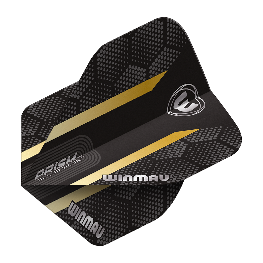 6915-185_Winmau_Prism_Alpha_Gold_Standard_Flights_2 Das Bild zeigt das Produkt "Winmau Prism Alpha Gold Standard Flights". Die Flights sind schwarz mit goldenen Streifen und haben ein modernes, punktiertes Muster.