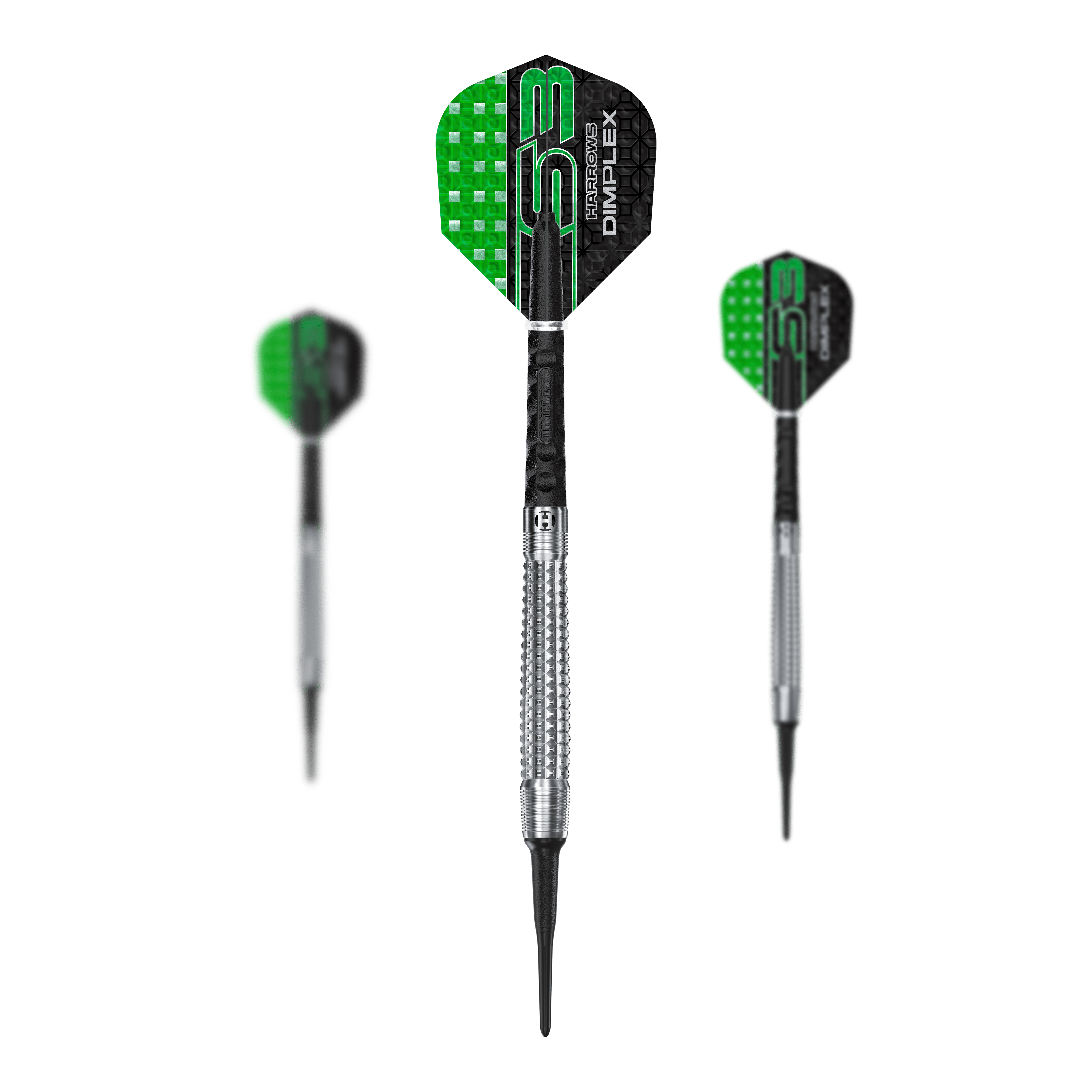 Fléchettes souples coniques Harrows Dimplex S3 Das Set Harrows Dimplex S3 Tapered Softdarts wird gezeigt. Die Darts haben ein spezielles Griffdesign.