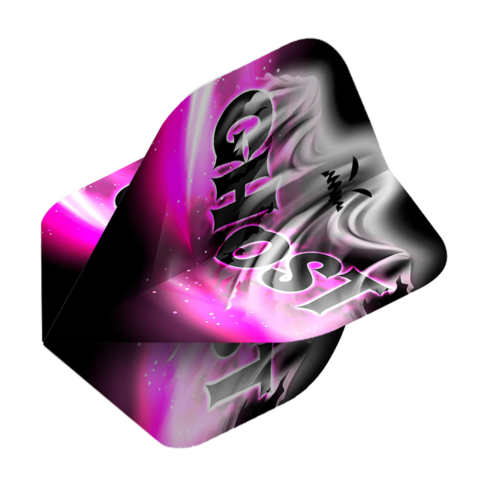 Mission Solo Bailey Marsh No2 Vols Standard Das Bild zeigt ein Dartflight mit dem Aufdruck "GHOST" in großen Buchstaben. Die Farben sind hauptsächlich Schwarz, Weiß und Pink mit einem nebligen, geisterhaften Muster.