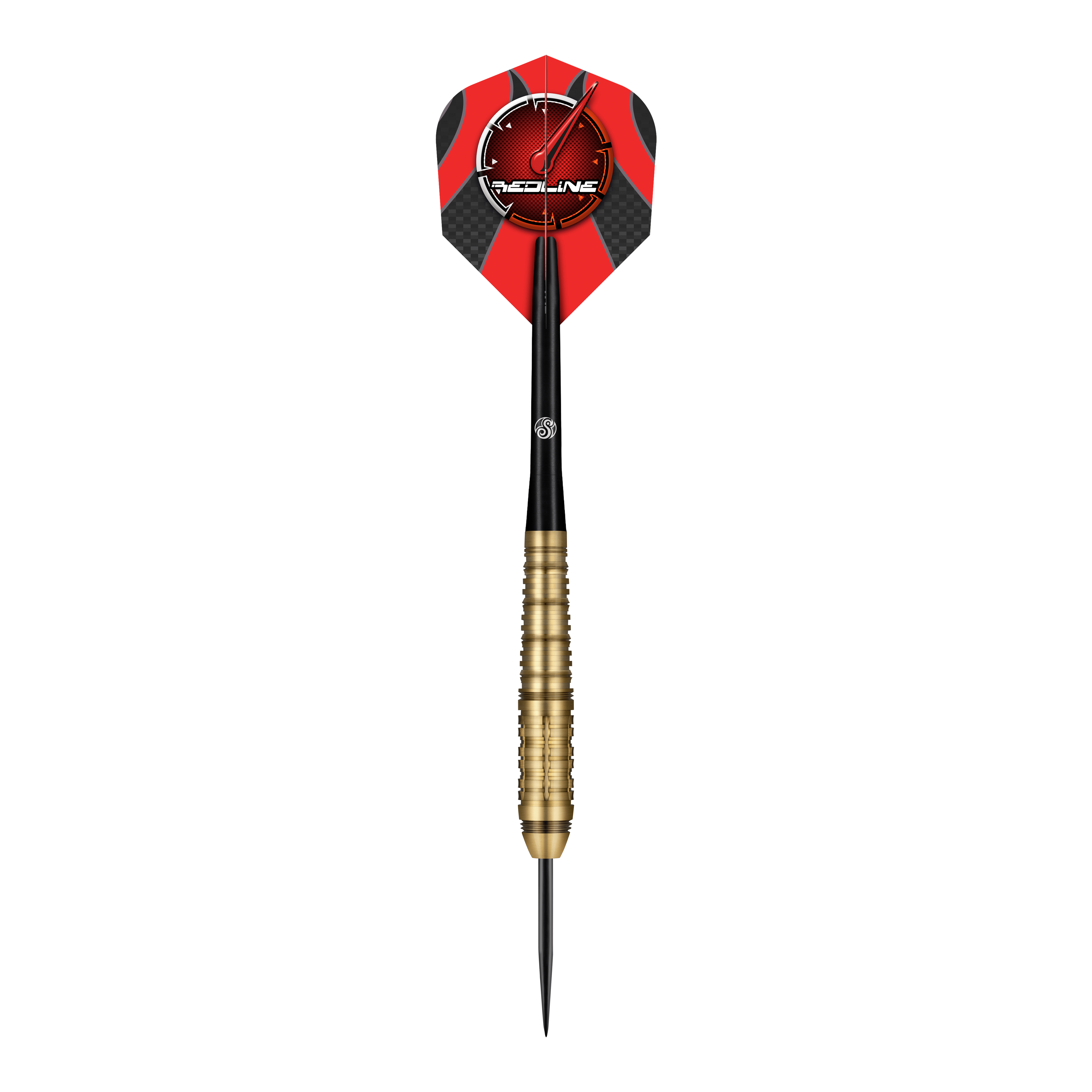 Fléchettes en acier Shot Redline Mach 1 Das Bild zeigt einen Steeldartpfeil mit goldfarbenem Griff und schwarzer Spitze. Die Dartflügel sind rot-schwarz gestaltet und tragen das "Redline"-Logo.