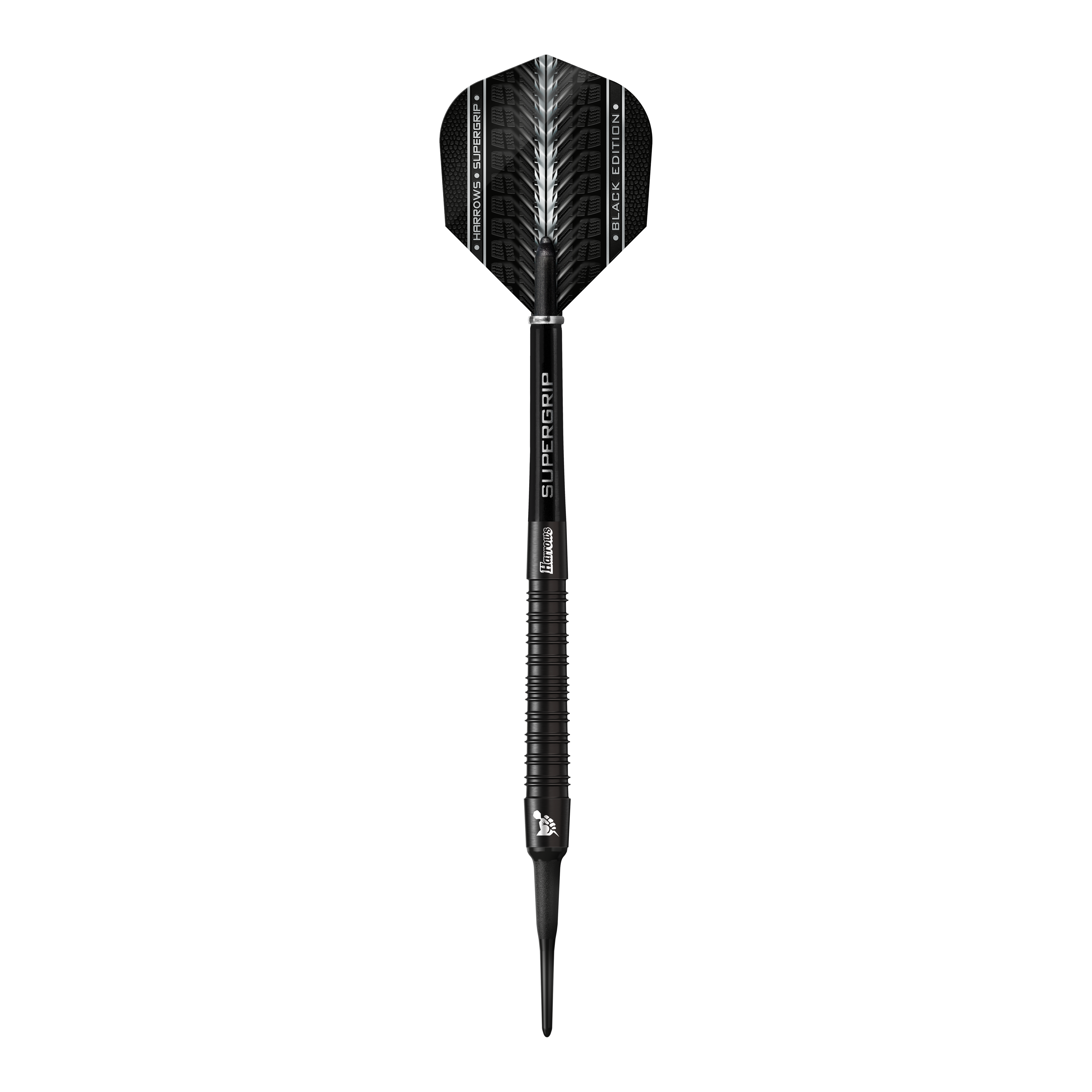 Fléchettes souples Harrows Supergrip Black Edition Das Bild zeigt einen Harrows Supergrip Black-Edition Softdart. Der Dart ist komplett in Schwarz gehalten und hat ein modernes, elegantes Design.