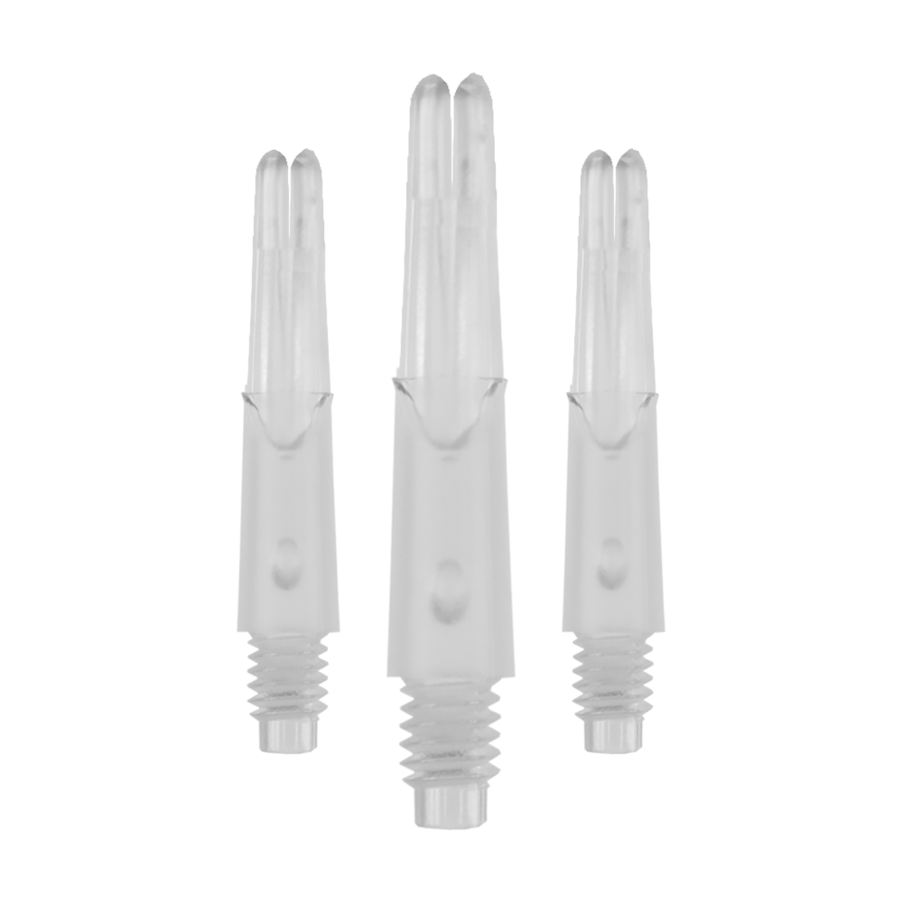 Das Bild zeigt drei transparente, gerade Kunststoffschäfte für Darts ohne Kappen. Die Schäfte haben ein Schraubgewinde am unteren Ende und sind 26 mm lang.