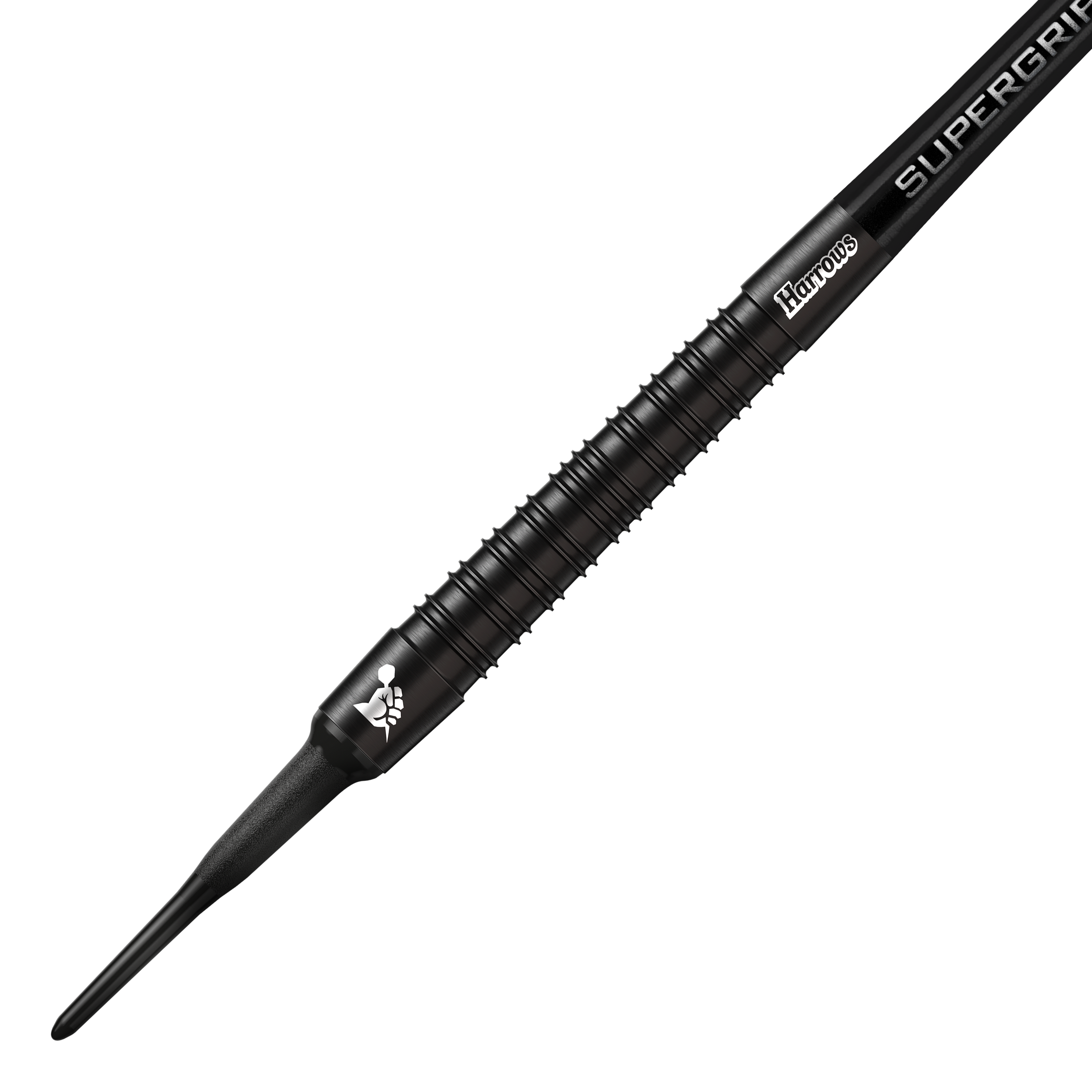 Fléchettes souples Harrows Supergrip Black Edition Das Bild zeigt einen Harrows Supergrip Black-Edition Softdart. Der Dart ist komplett schwarz und hat eine strukturierte Griffoberfläche.