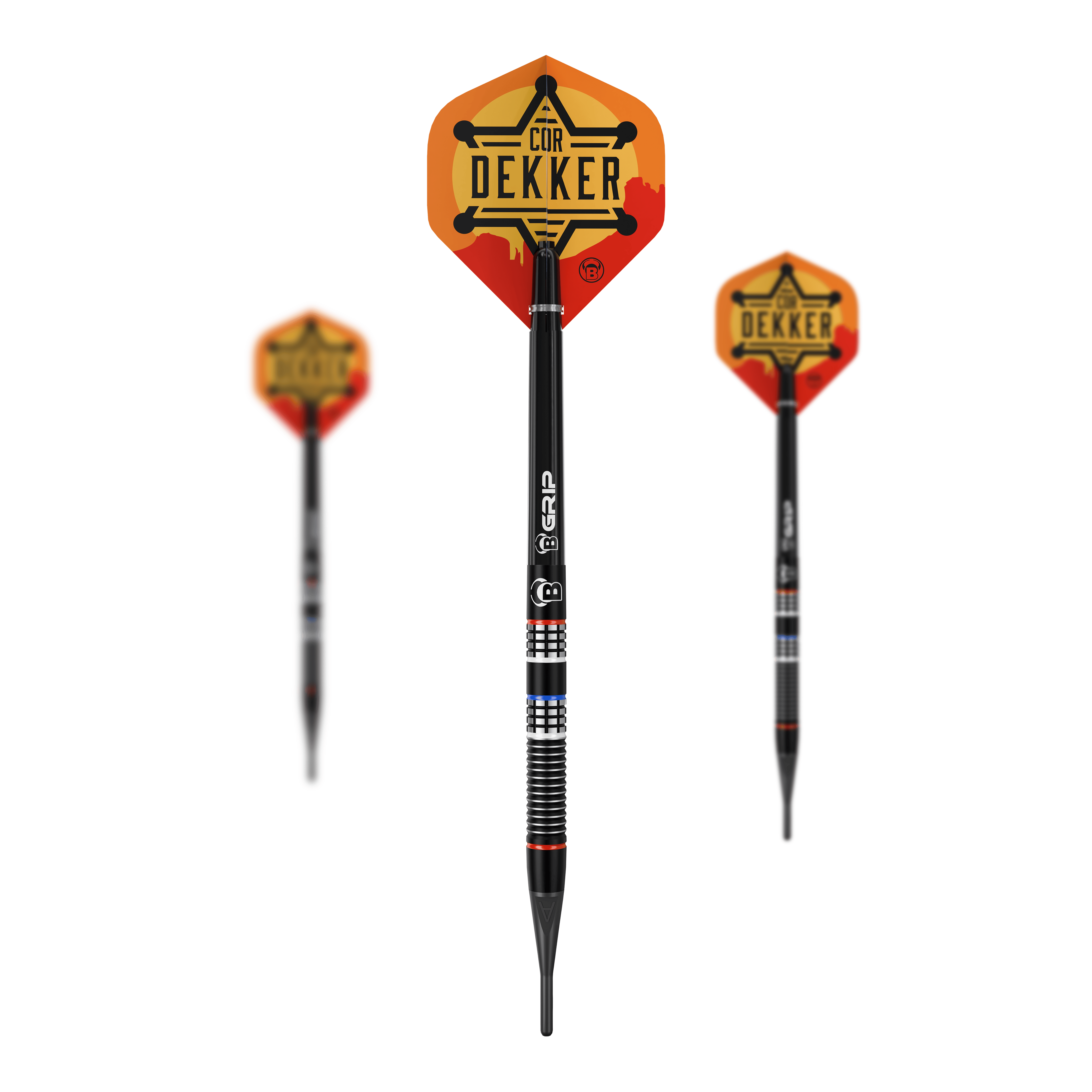 Fléchettes souples Bulls Cor Dekker The Sheriff - 20 g Auf diesem Bild sieht man die Bulls Cor Dekker The Sheriff Softdarts - 20g als komplettes Set. Die Darts liegen nebeneinander angeordnet.