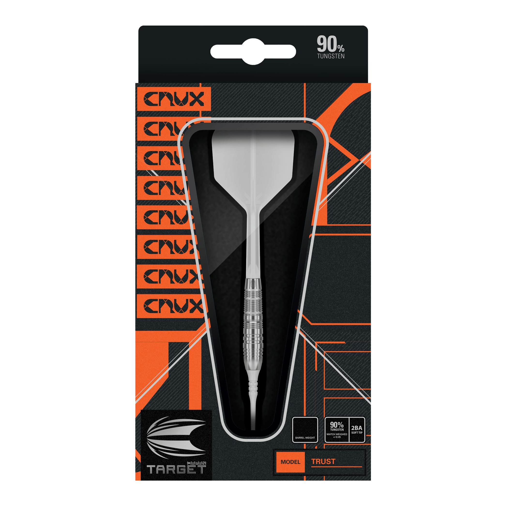 Fléchettes souples Target Japan Crux Trust - 17 g Die Abbildung zeigt die Verpackung der "Target Japan Crux Trust Softdarts - 17g". Der Dart ist sichtbar durch ein Sichtfenster in der Packung und enthält Angaben wie 90 % Tungsten.