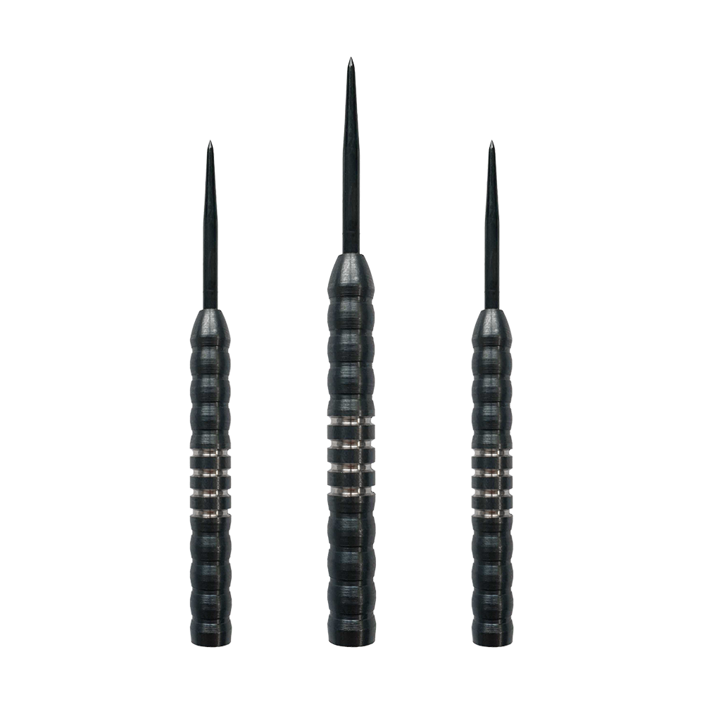 Canons de fléchettes en acier McDart Midnight V1 Das Bild zeigt drei Steeldart-Barrels des Produkts „McDart Midnight V1 Steeldart Barrels“. Die Barrels sind schwarz mit silbernen Rillen und haben eine gerillte Oberfläche für besseren Halt.