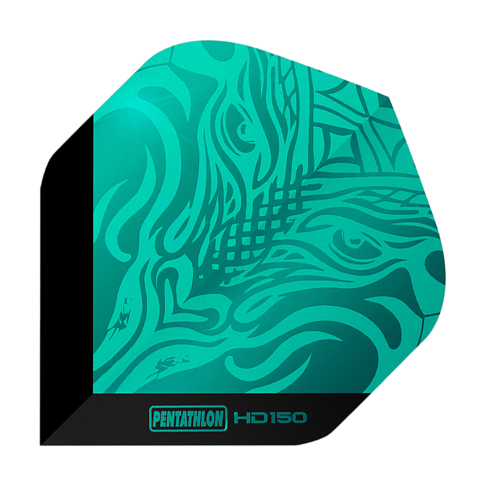 Vols standard Pentathlon HD150 Metallic Aqua Dies ist ein Pentathlon HD150 Metallic Aqua Standard Flight. Das Flight hat ein auffälliges, türkisfarbenes Muster mit schwarzem Rand und Schriftzug.