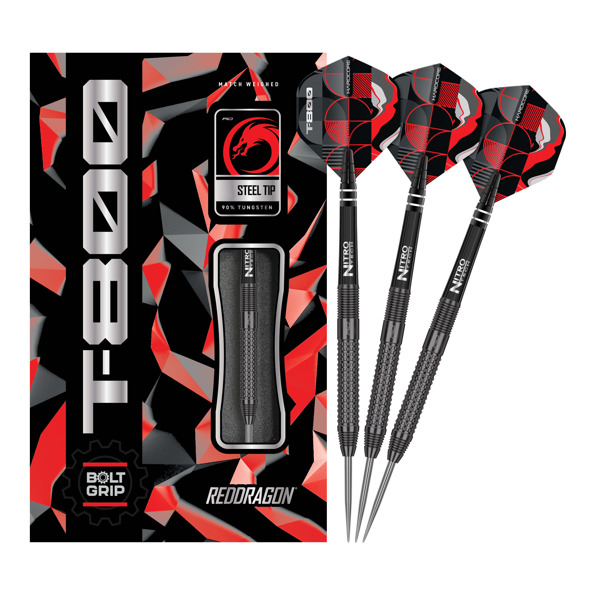Fléchettes en acier Red Dragon T-800 Das Bild zeigt die Red Dragon T-800 Steeldarts und ihre Verpackung. Die Darts haben ein schwarzes Design mit roten und silbernen Akzenten.