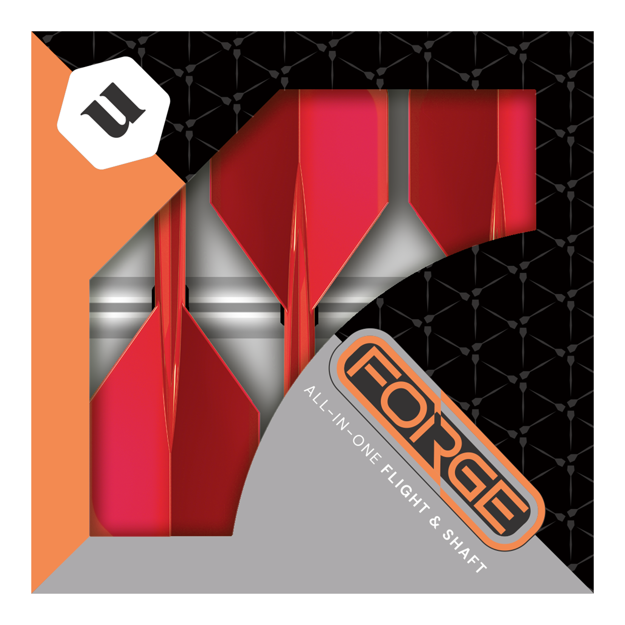 Ailettes standard Unicorn Forge All In One Plus No2 Rouge - Moyennes Das Bild zeigt eine Packung mit roten Unicorn Forge All In One Plus No2 Standard Flights in mittlerer Größe. Die Verpackung ist schwarz und orange mit dem Schriftzug "FORGE" und "ALL-IN-ONE FLIGHT & SHAFT".