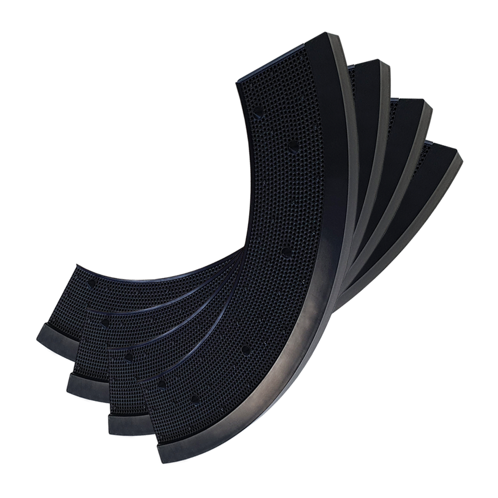 DKS01_L-wen_Dart_Original_Ersatzteile_Komplett_Set_4 Das Bild zeigt fünf gebogene, schwarze Ersatzteile für eine Dartscheibe. Sie gehören zum Löwen Dart Original Ersatzteile Komplett Set.