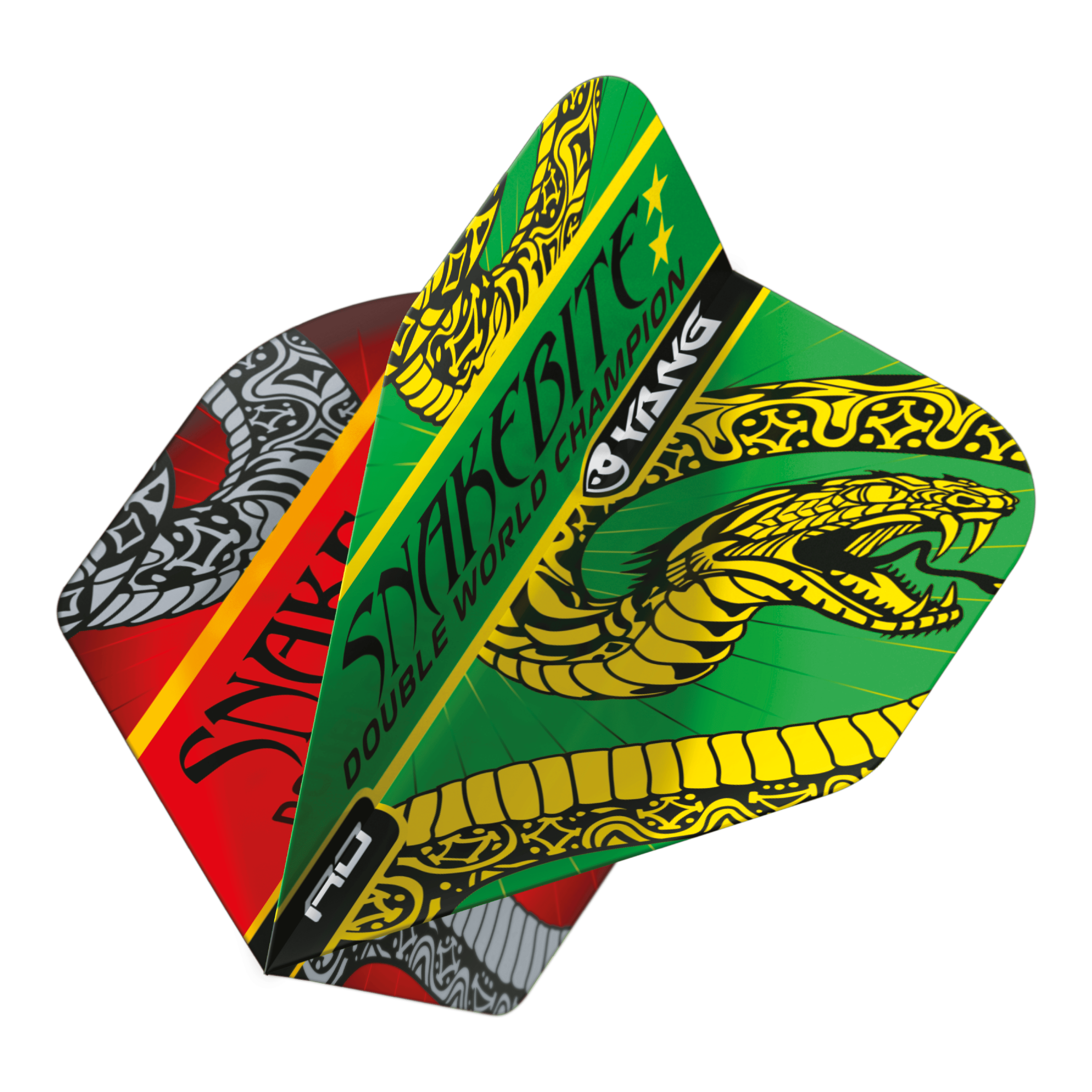 Dragon Rouge Peter Wright Morsure de Serpent Rouge Vert Yin Yang Vols Standards Das Bild zeigt die Dart-Flights "Red Dragon Peter Wright Snakebite Red Green Yin Yang Standard Flights." Die Flights sind farbenfroh gestaltet und zeigen einen auffälligen Schlangen-Grafik sowie den Schriftzug "Snakebite."